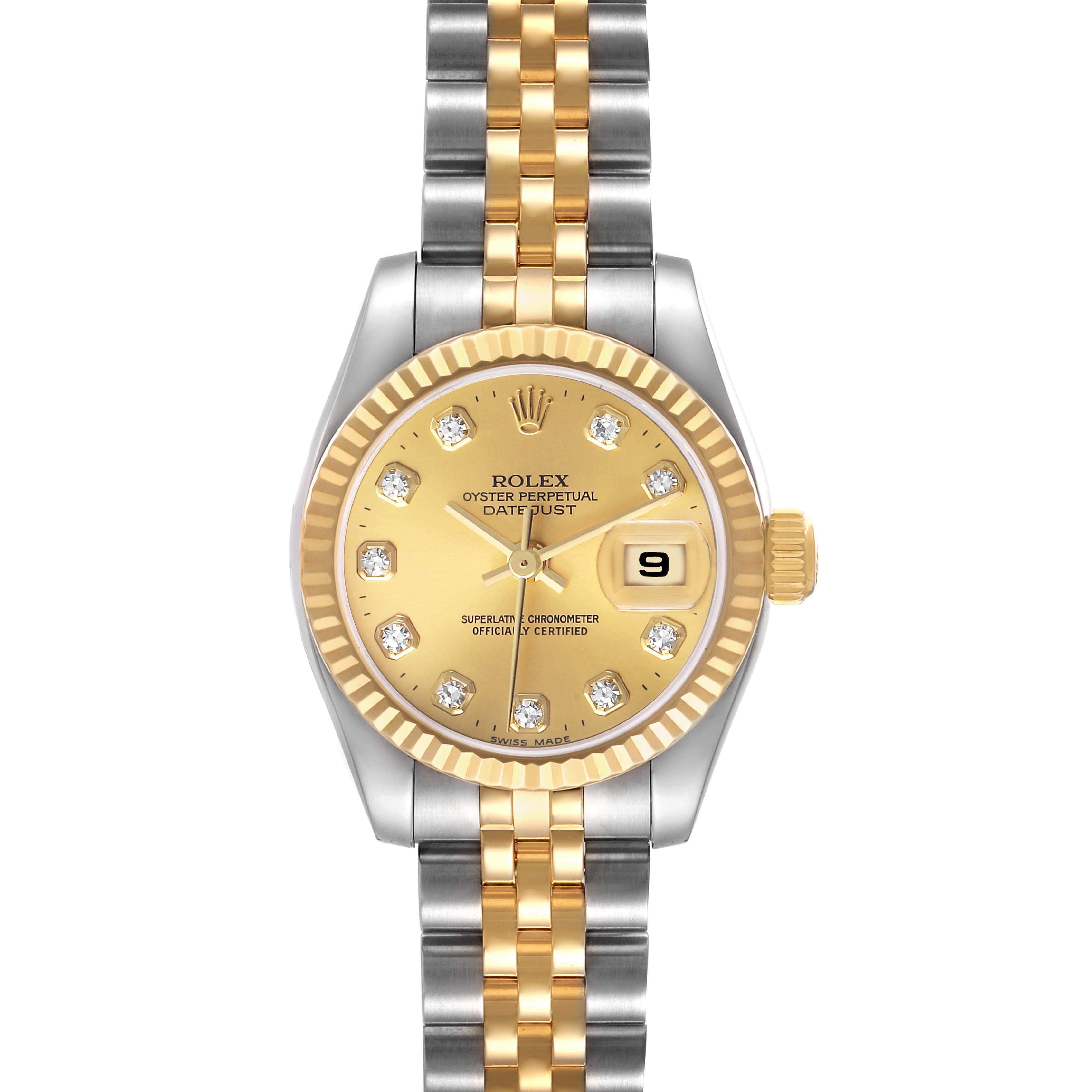 The Rolex Datejust 79173 Womens Steel and Gold (two tone) Champagne Dial watch is shown from a front angle, highlighting the dial, bezel, and two-tone bracelet.