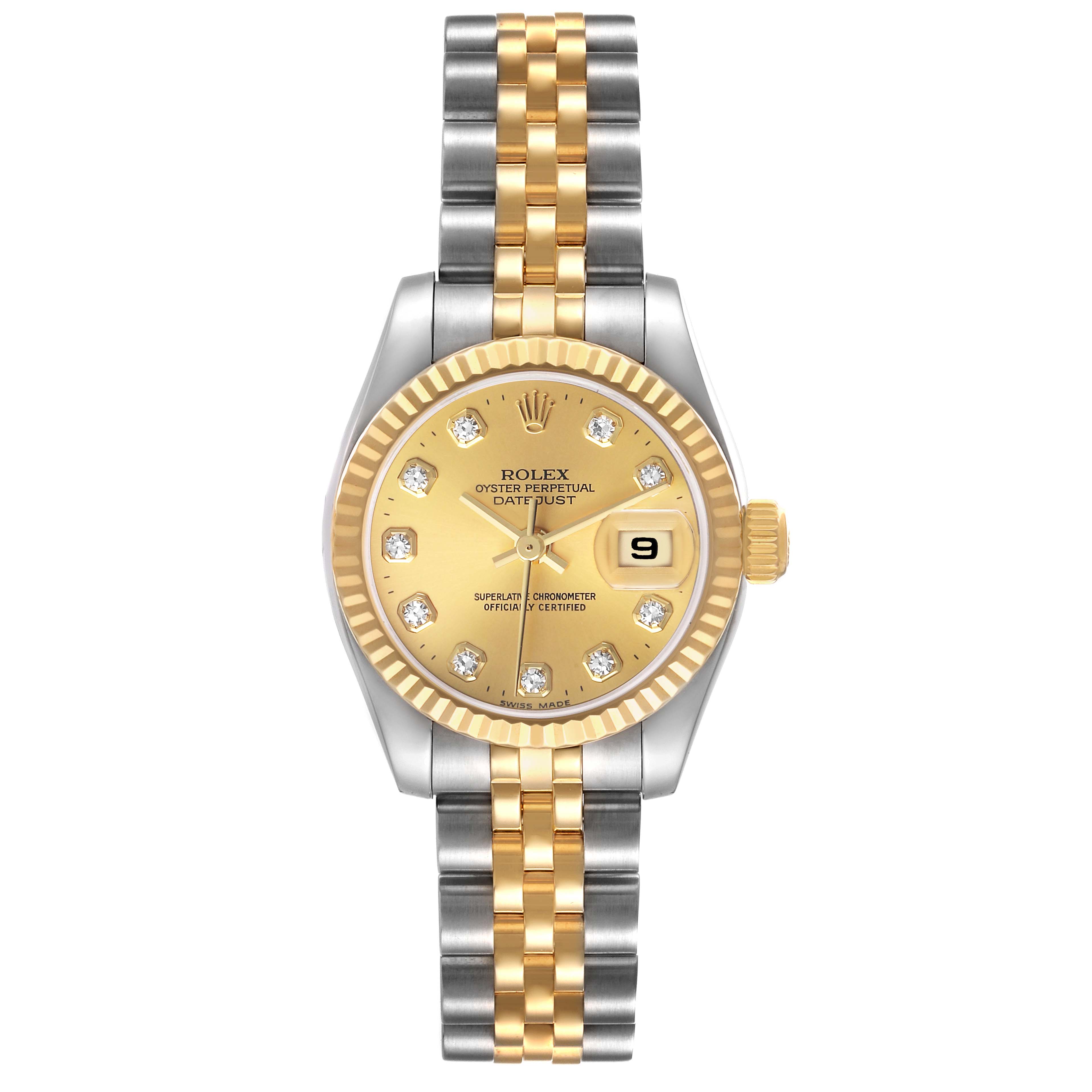 The Rolex Datejust 79173 Womens Steel and Gold (two tone) Champagne Dial watch is shown from a top-down angle, highlighting its gold dial, bezel, and two-tone bracelet.