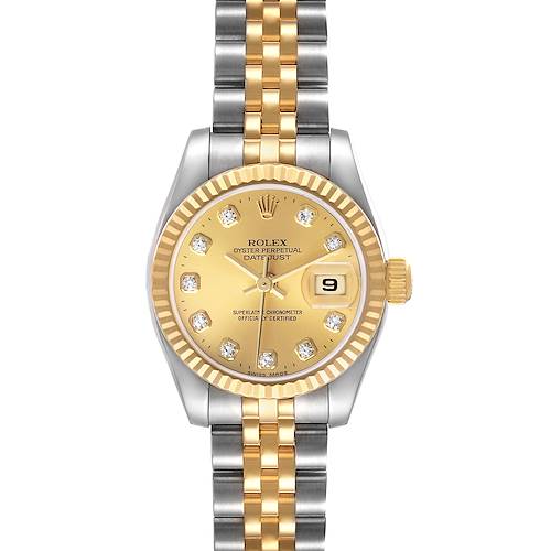 The Rolex Datejust 79173 Women's Stainless Steel Champagne Dial watch is shown from the top, highlighting the gold dial, fluted bezel, and two-tone Jubilee bracelet.