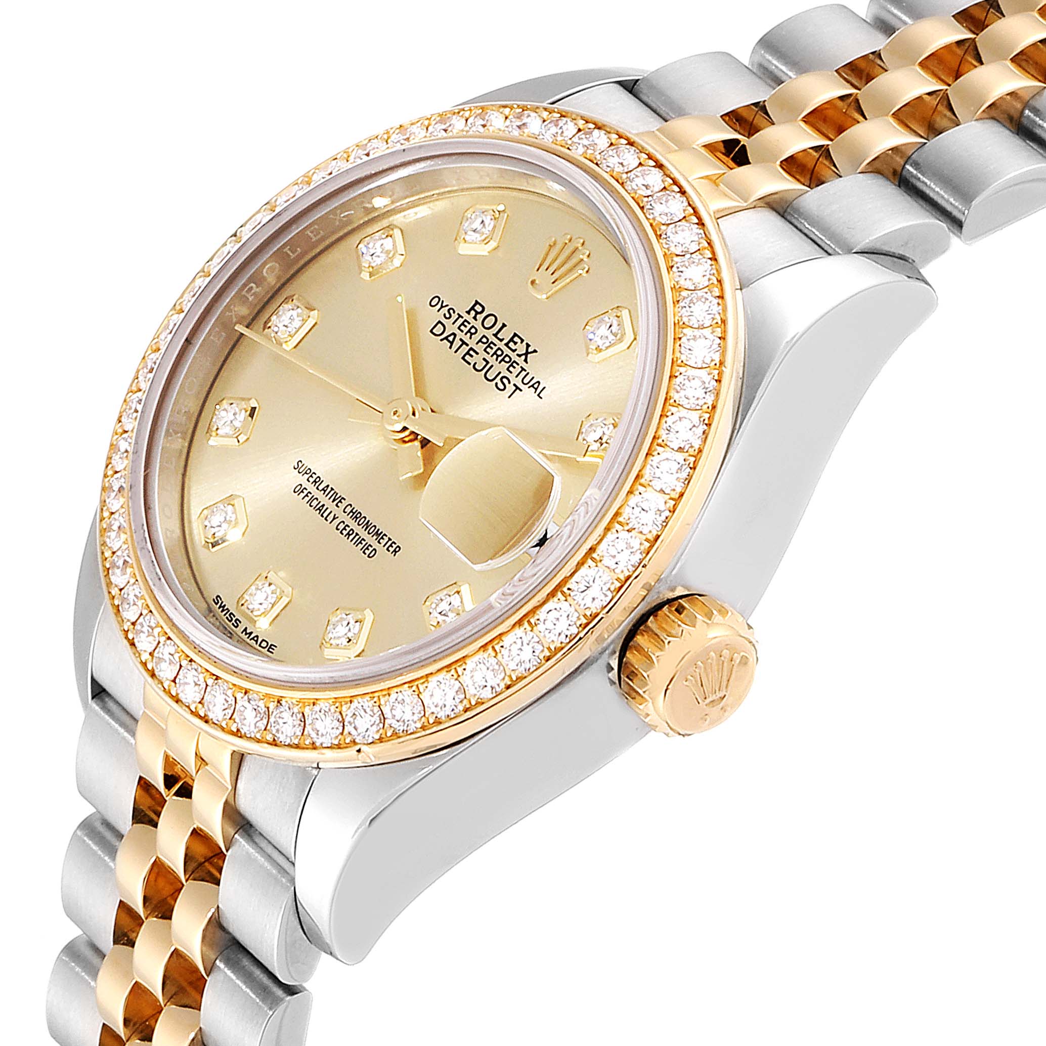The image shows a close-up angle of the Rolex Datejust 279383 Women
s Steel and Gold (two tone) Champagne Dial 279383 Women
s Steel and Gold (two tone) Champagne Dial, highlighting its face, bezel, crown, and part of the bracelet.