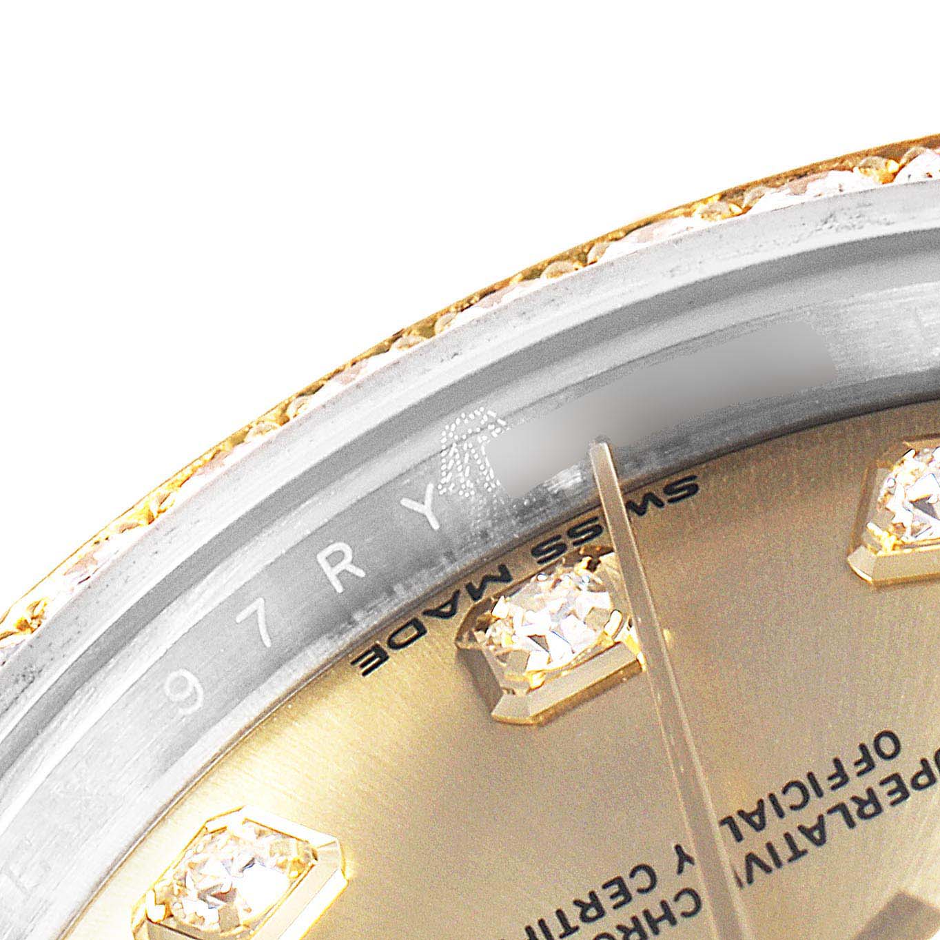 The image shows a close-up of the bezel, outer rim, and dial of a Rolex Datejust 279383 Women
s Steel and Gold (two tone) Champagne Dial 279383 Women
s Steel and Gold (two tone) Champagne Dial, highlighting the serial number and diamond markers.