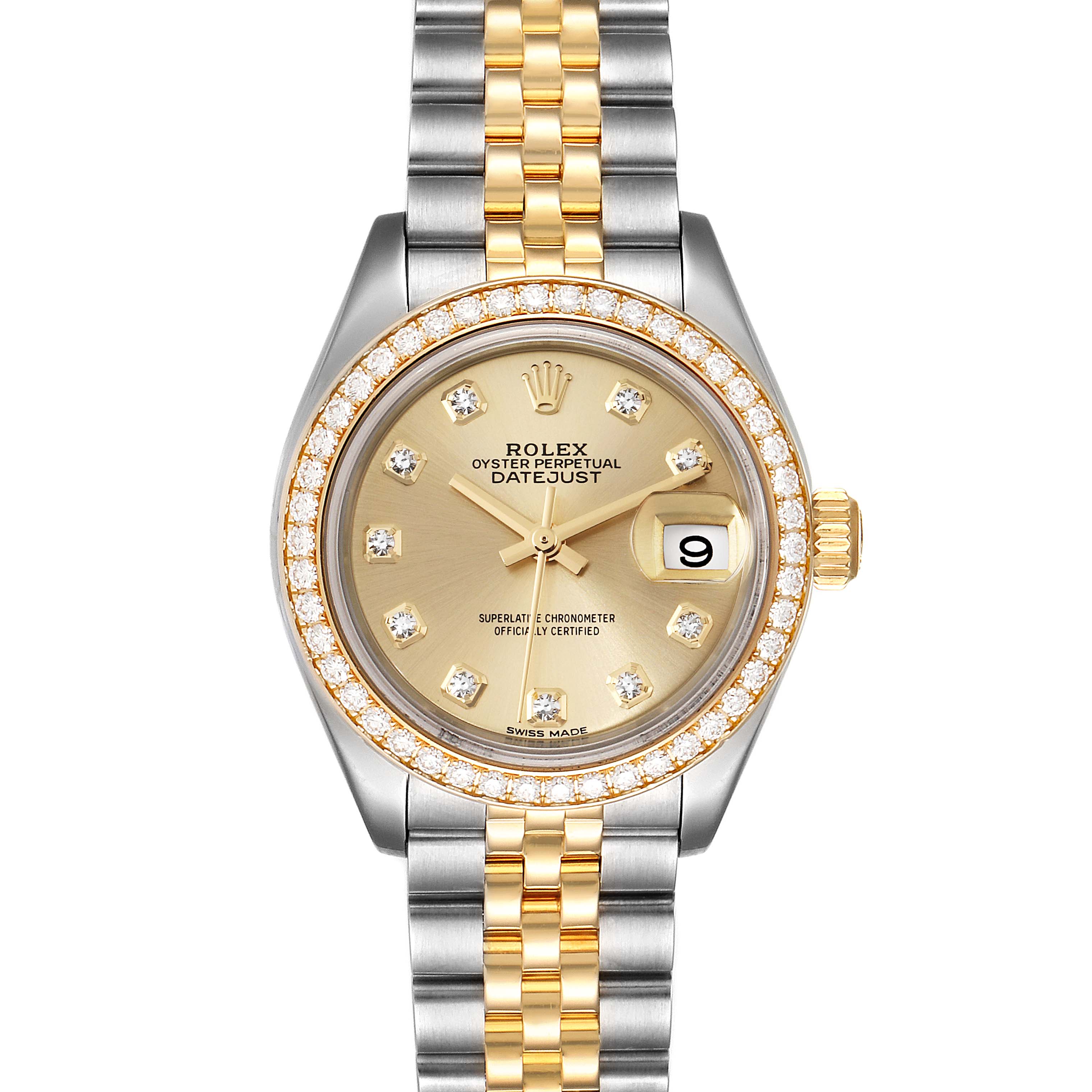 The image shows a frontal view of a Rolex Datejust 279383 Women
s Steel and Gold (two tone) Champagne Dial 279383 Women
s Steel and Gold (two tone) Champagne Dial, featuring its dial, bezel, crown, and two-tone bracelet.