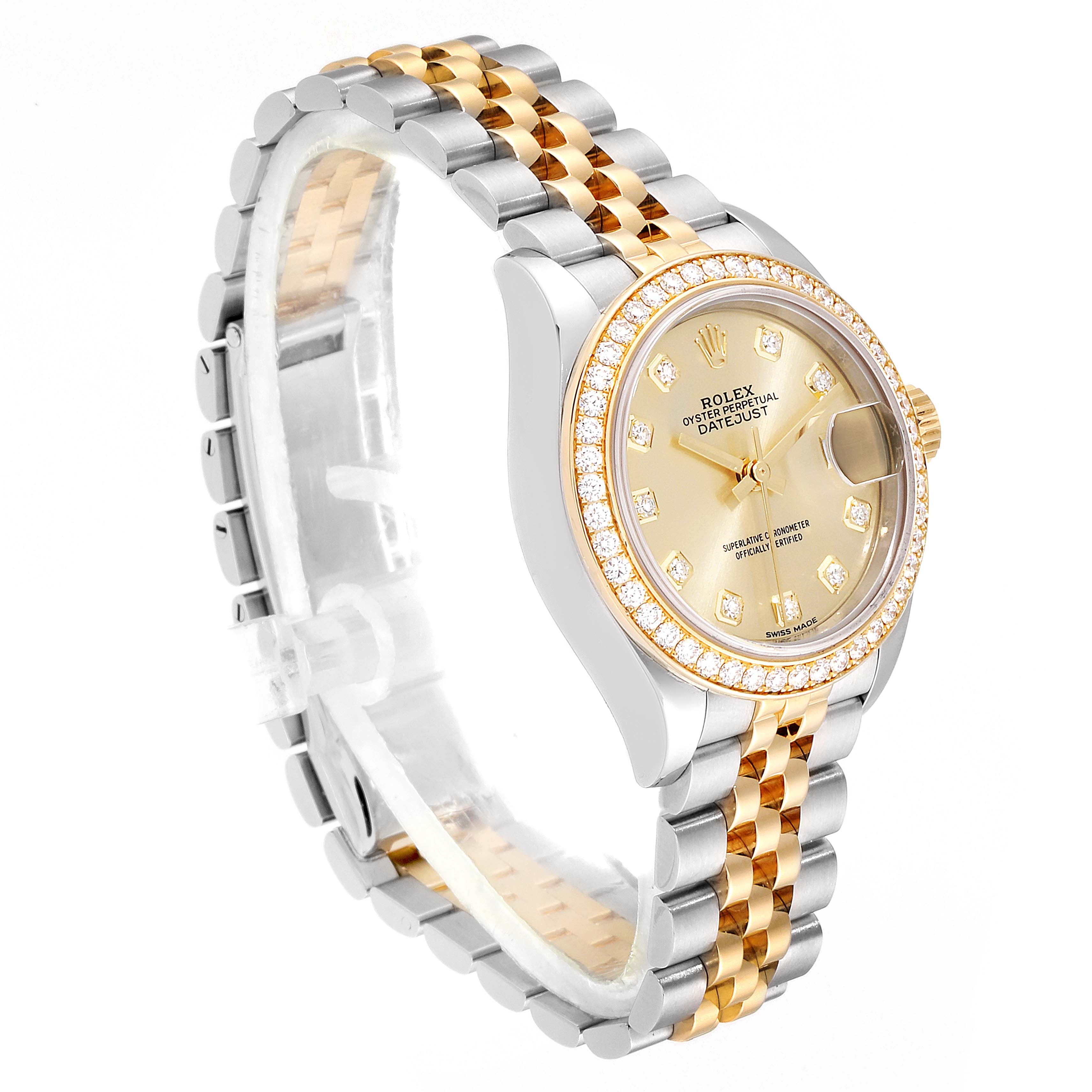 The image shows the Rolex Datejust 279383 Women
s Steel and Gold (two tone) Champagne Dial 279383 Women
s Steel and Gold (two tone) Champagne Dial watch from an angle focusing on the dial, bezel, and two-tone bracelet.
