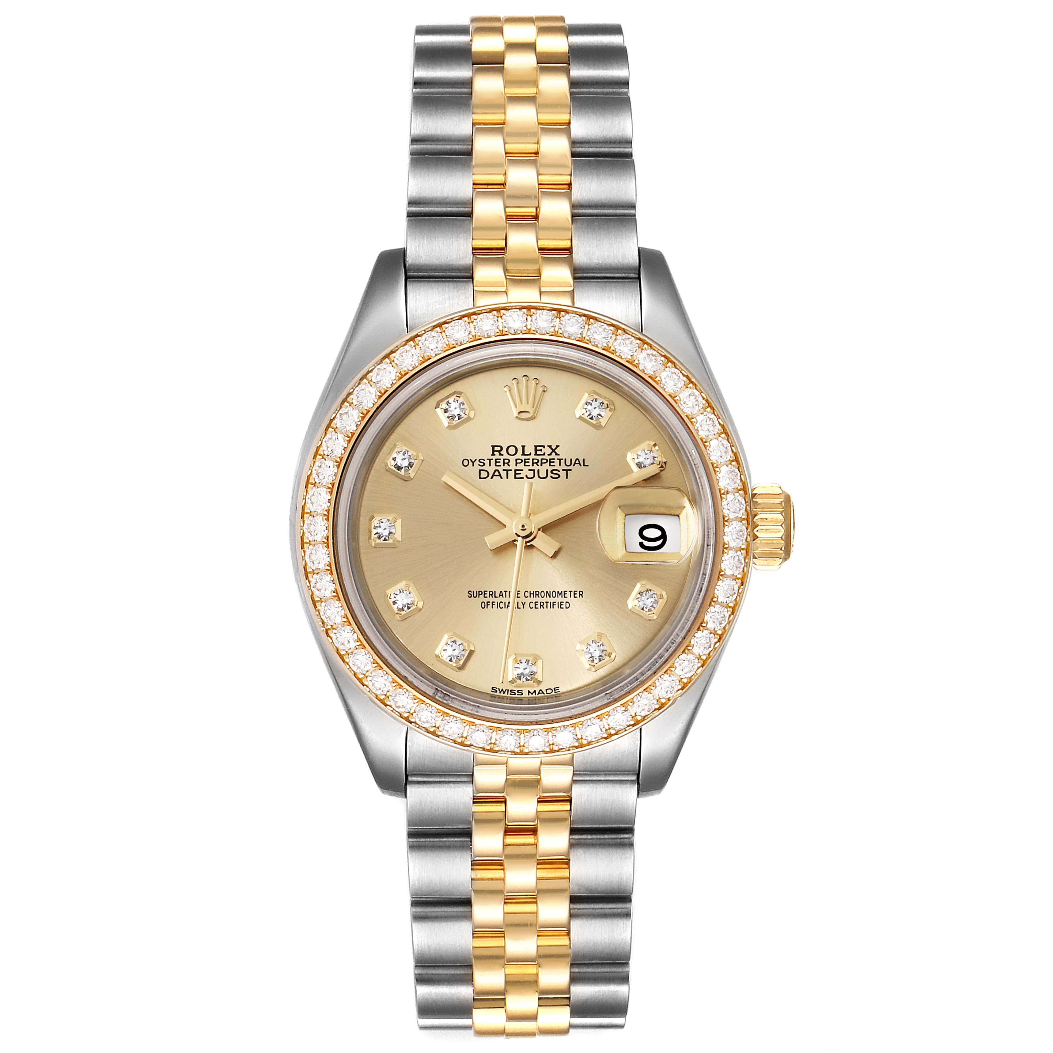 This front-view image shows the face and bracelet of a Rolex Datejust 279383 Women
s Steel and Gold (two tone) Champagne Dial 279383 Women
s Steel and Gold (two tone) Champagne Dial watch.