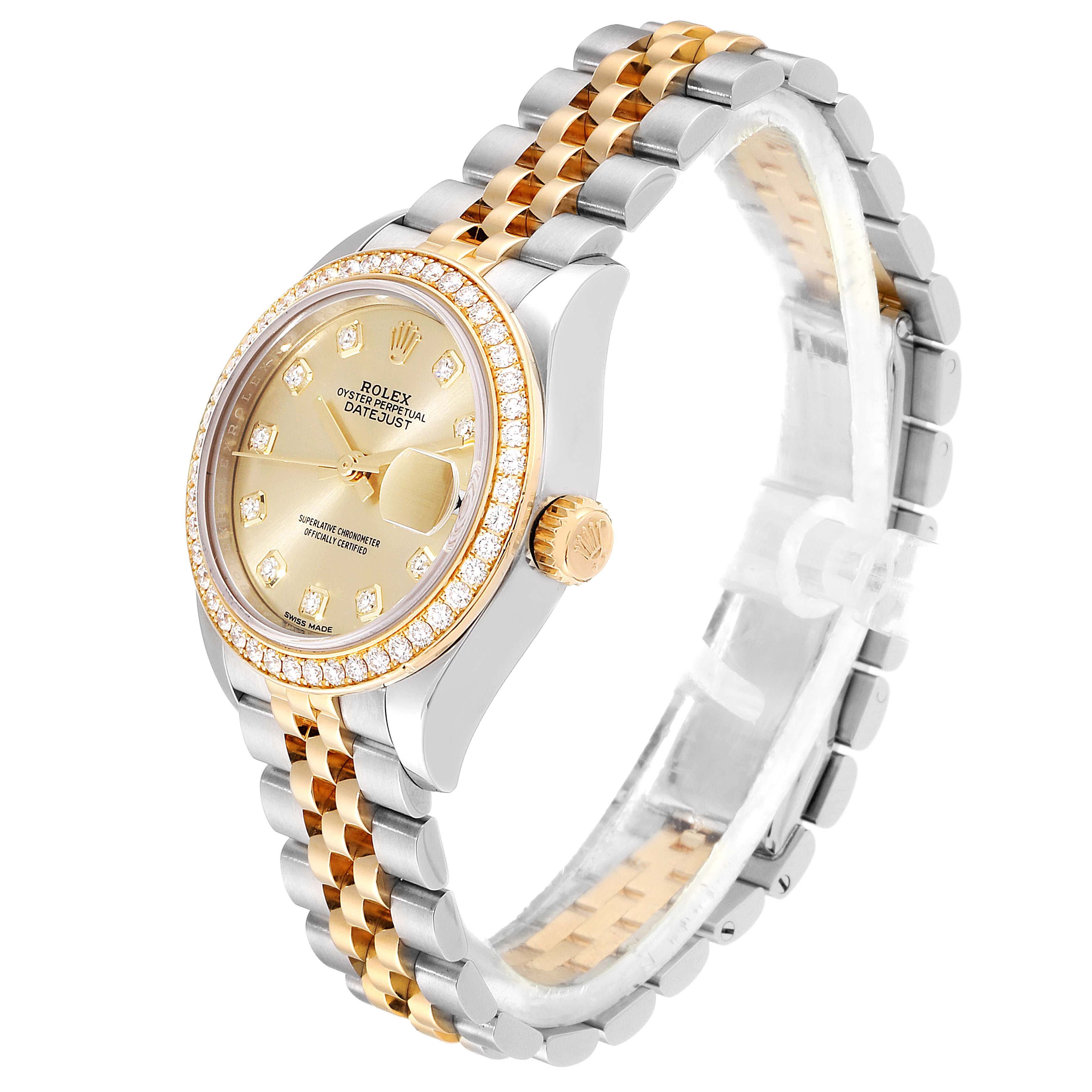 This image shows a side angle of a Rolex Datejust 279383 Women
s Steel and Gold (two tone) Champagne Dial 279383 Women
s Steel and Gold (two tone) Champagne Dial watch, highlighting its bezel, face, crown, and bracelet.