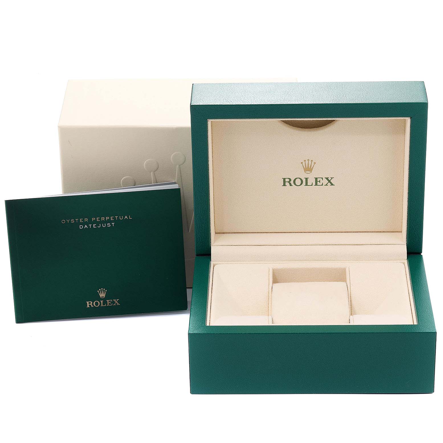 The image shows a Rolex Datejust 279383 Women
s Steel and Gold (two tone) Champagne Dial 279383 Women
s Steel and Gold (two tone) Champagne Dial watch box and an accompanying booklet.