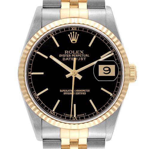 The image shows a front view of a Rolex Datejust watch displaying the dial, bezel, crown, and part of the bracelet.