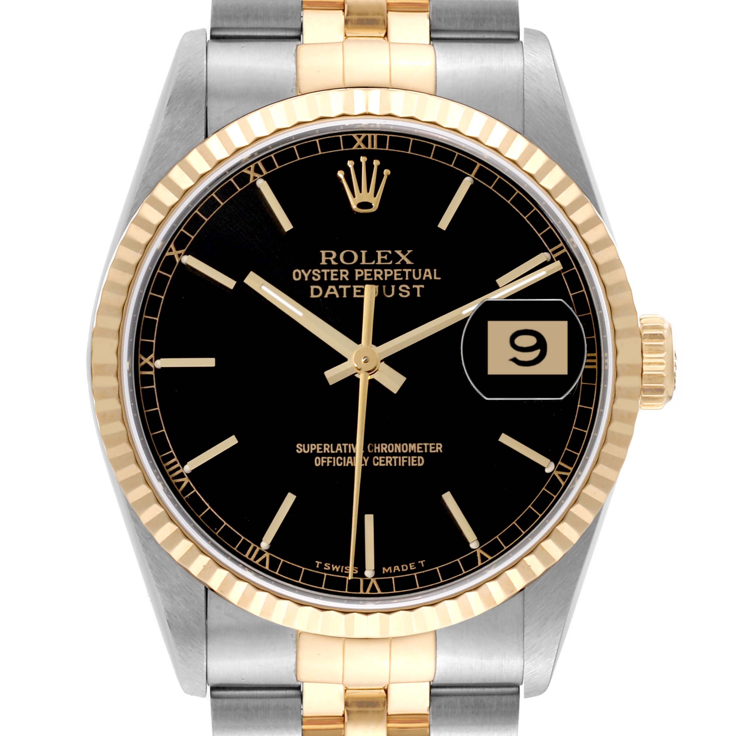 The image shows a Rolex Datejust 16233 Men's Steel and Gold (two tone) Black Dial 16233 Men's Steel and Gold (two tone) Black Dial watch from a front angle, highlighting the dial, bezel, date window, and part of the bracelet.
