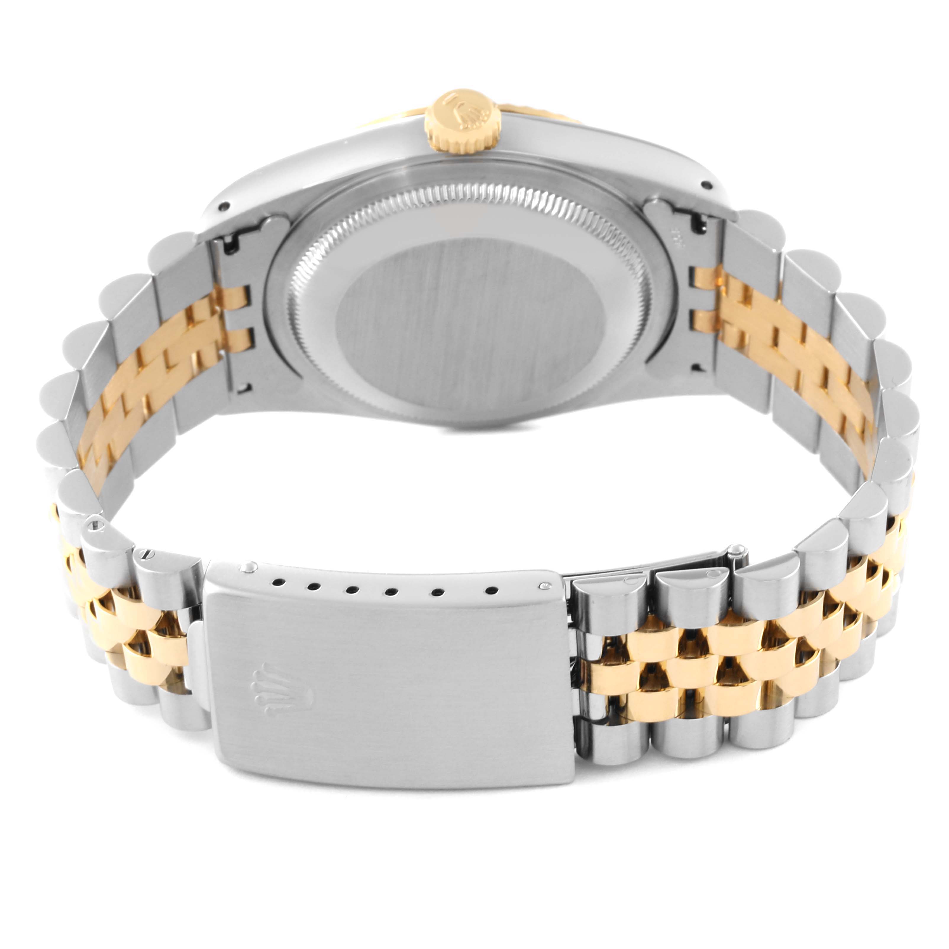 This image shows the back of a Rolex Datejust 16233 Men's Steel and Gold (two tone) Black Dial 16233 Men's Steel and Gold (two tone) Black Dial watch, focusing on the caseback, crown, and two-tone bracelet with a clasp.