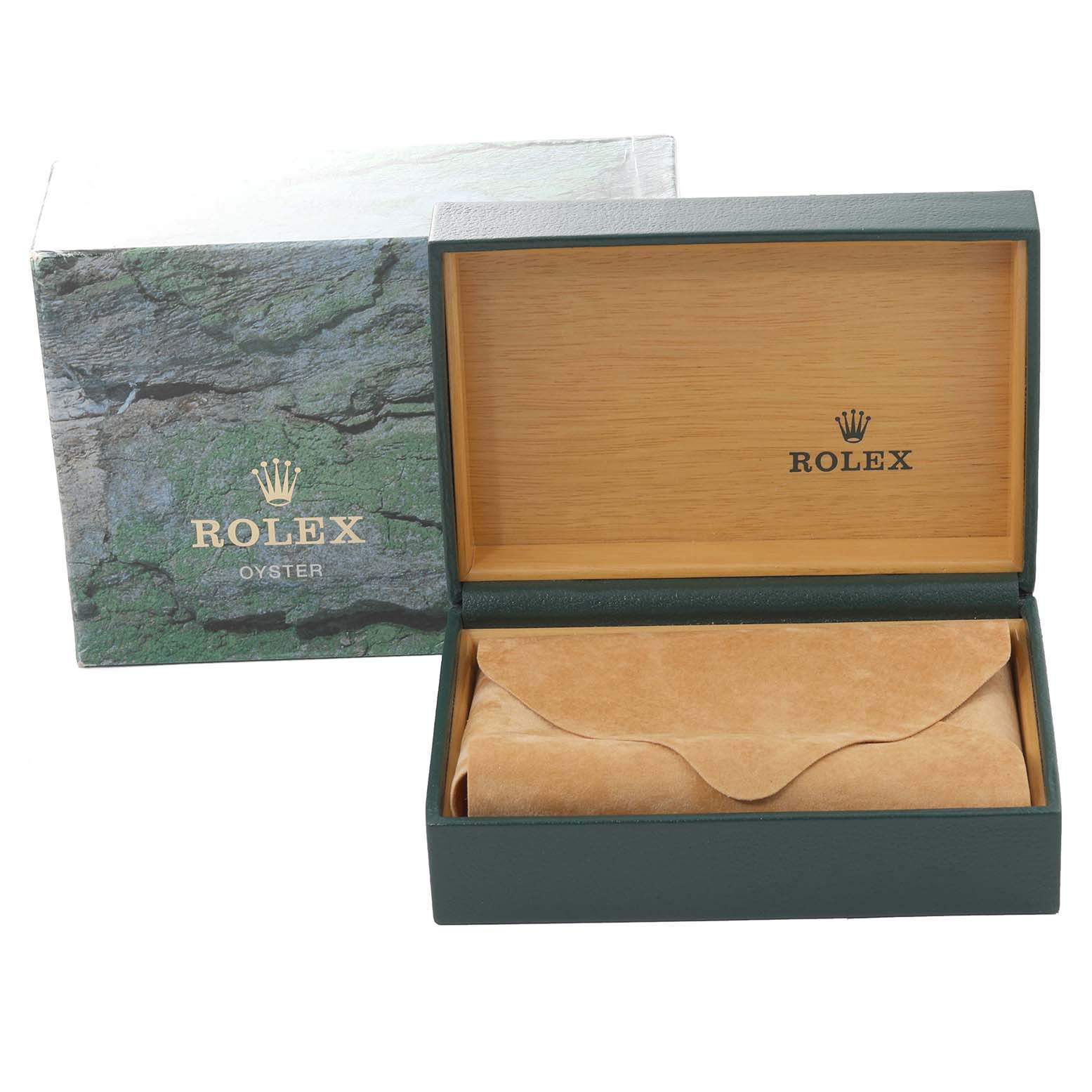 The image shows an open green Rolex box with a tan leather pouch inside, styled for the Datejust model by Rolex.