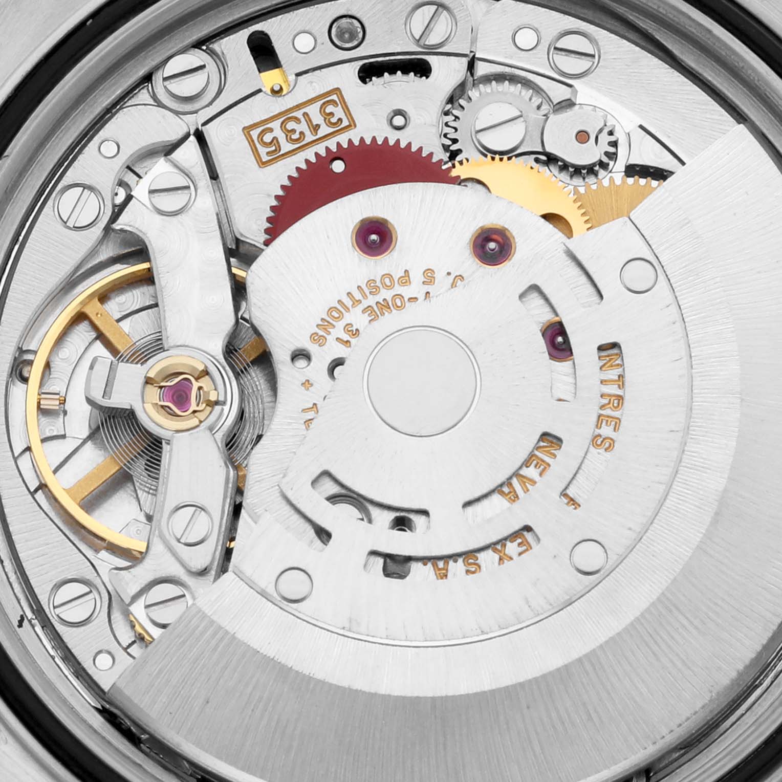 This image shows the intricate inner mechanical movement of a Rolex Datejust 16233 Men's Steel and Gold (two tone) Black Dial 16233 Men's Steel and Gold (two tone) Black Dial watch, viewed from a close-up angle.