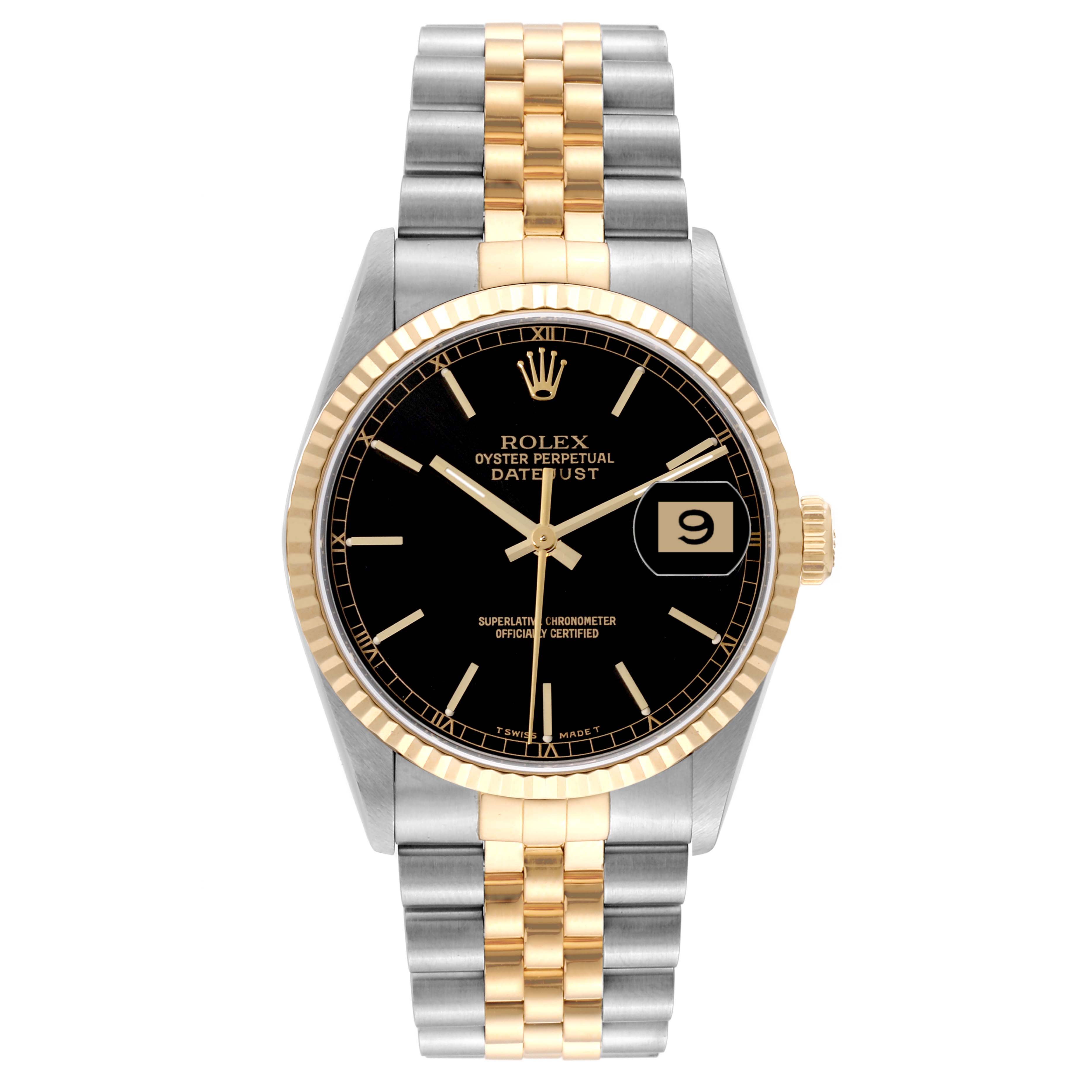 This image shows a Rolex Datejust 16233 Men's Steel and Gold (two tone) Black Dial 16233 Men's Steel and Gold (two tone) Black Dial watch, featuring a black dial, gold accents, and a two-tone Jubilee bracelet, from a front angle.