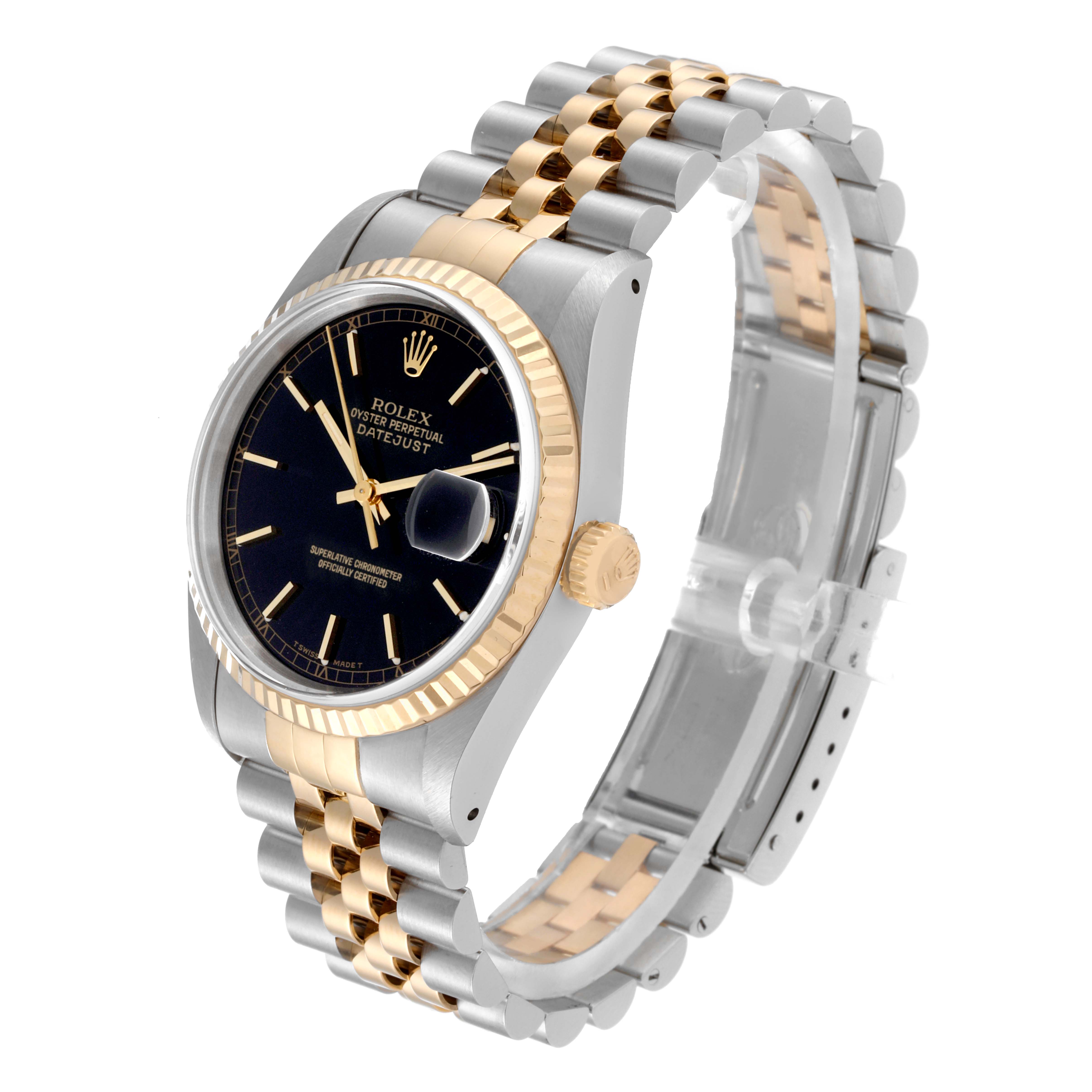 A Rolex Datejust 16233 Men's Steel and Gold (two tone) Black Dial 16233 Men's Steel and Gold (two tone) Black Dial watch is shown at an oblique angle, displaying its face, bezel, crown, and two-tone bracelet.