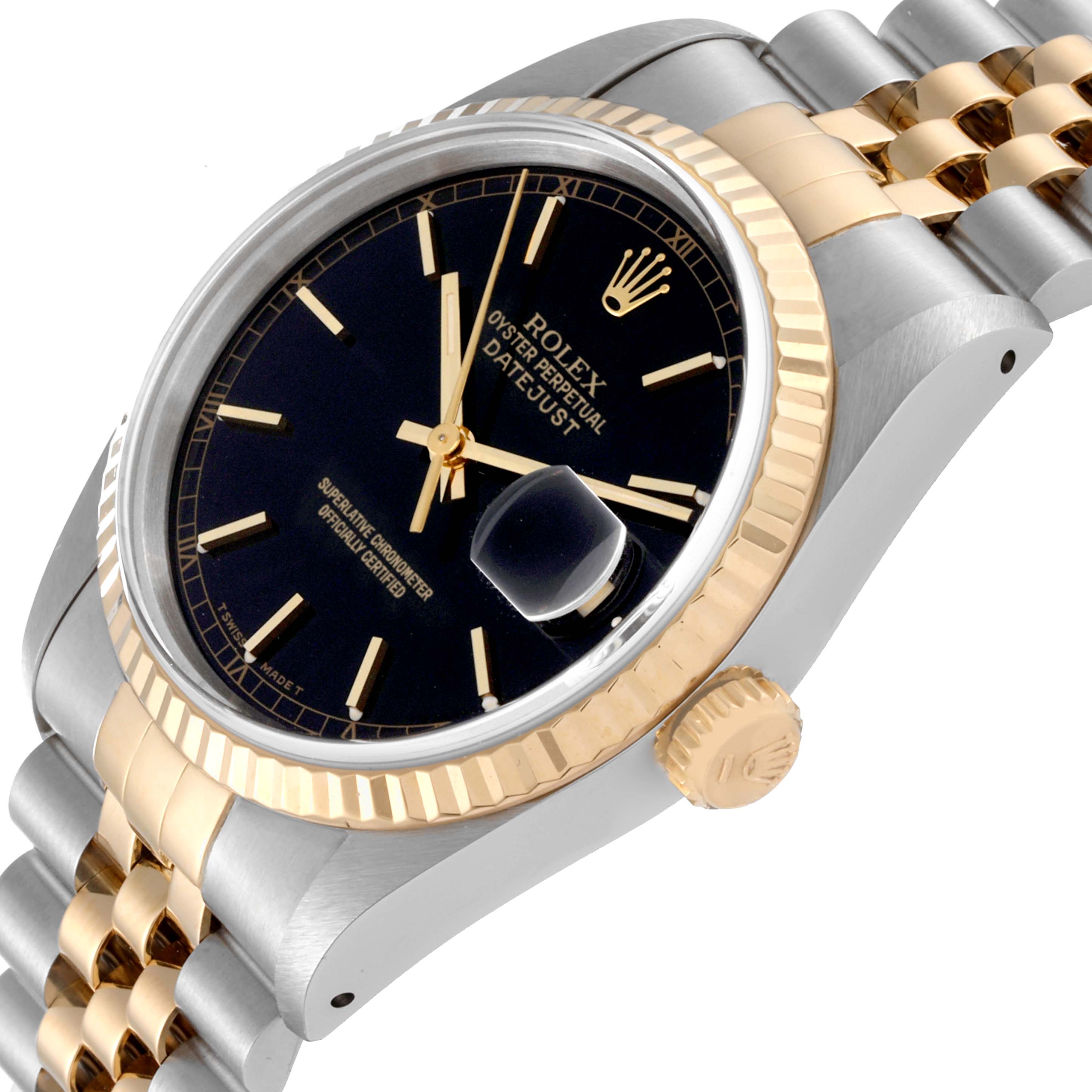 The Rolex Datejust 16233 Men's Steel and Gold (two tone) Black Dial 16233 Men's Steel and Gold (two tone) Black Dial watch is shown at a slight angle, highlighting the dial, bezel, crown, and part of the bracelet.