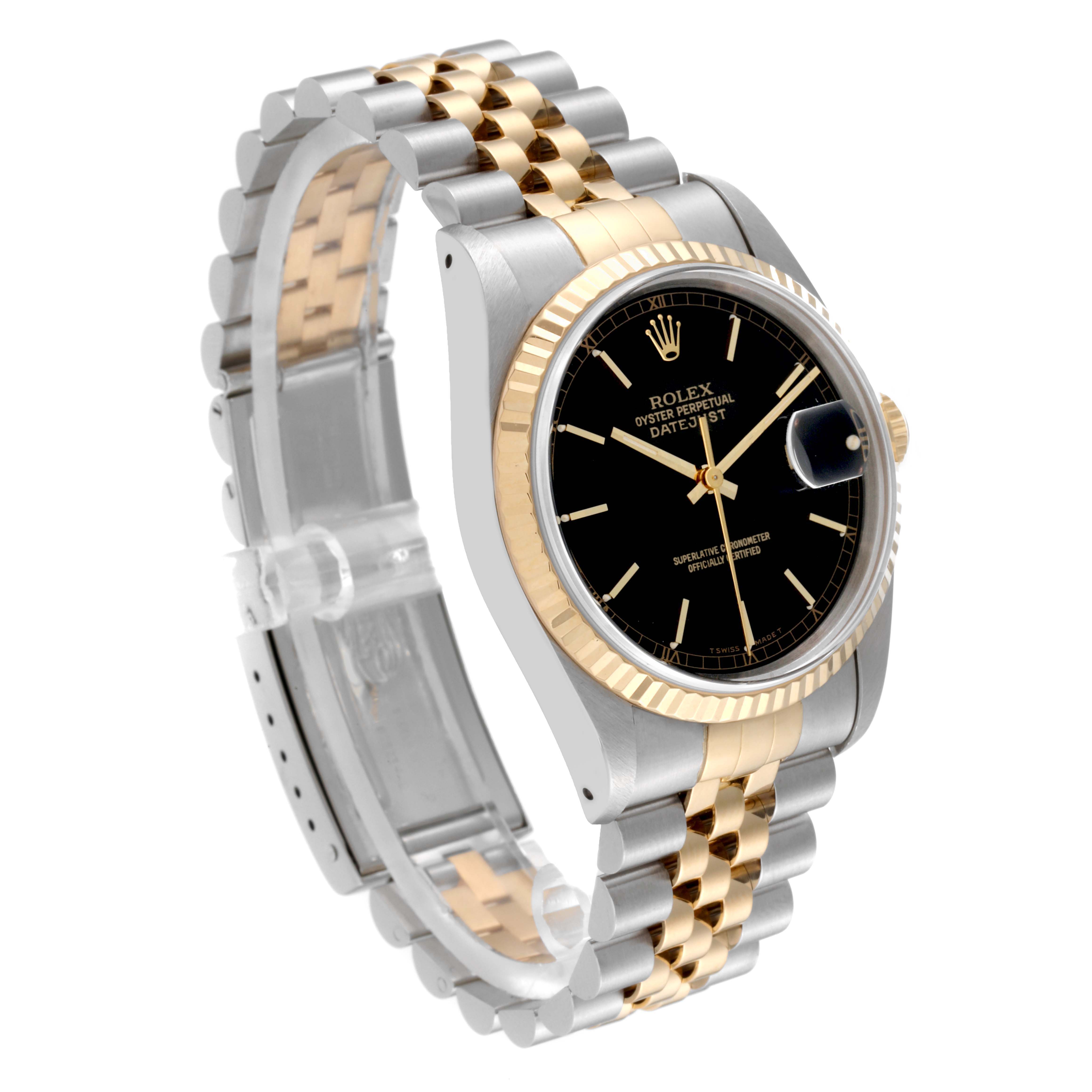 The image shows a Rolex Datejust 16233 Men's Steel and Gold (two tone) Black Dial 16233 Men's Steel and Gold (two tone) Black Dial watch at an angled side view highlighting its two-tone bracelet and black dial.
