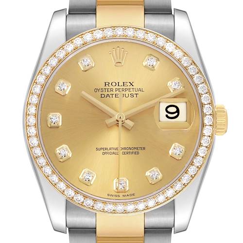 The Rolex Datejust 116243 Men's Steel and Gold (two tone) Champagne Dial watch is shown from the front, highlighting its gold dial, diamond hour markers, and date window.