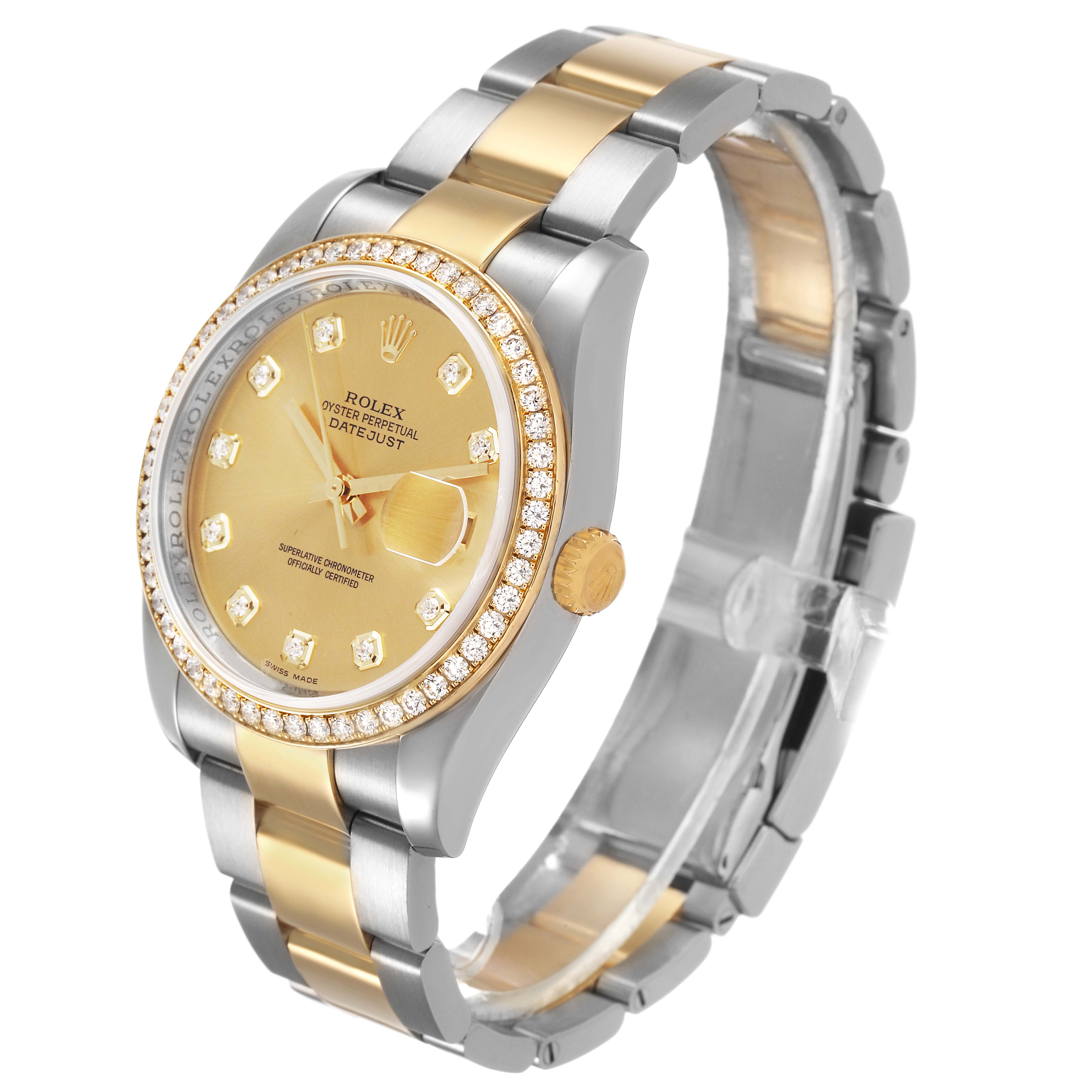 The Rolex Datejust 116243 Men's Steel and Gold (two tone) Champagne Dial watch is shown at a slight angle displaying its face, bezel, and bracelet.