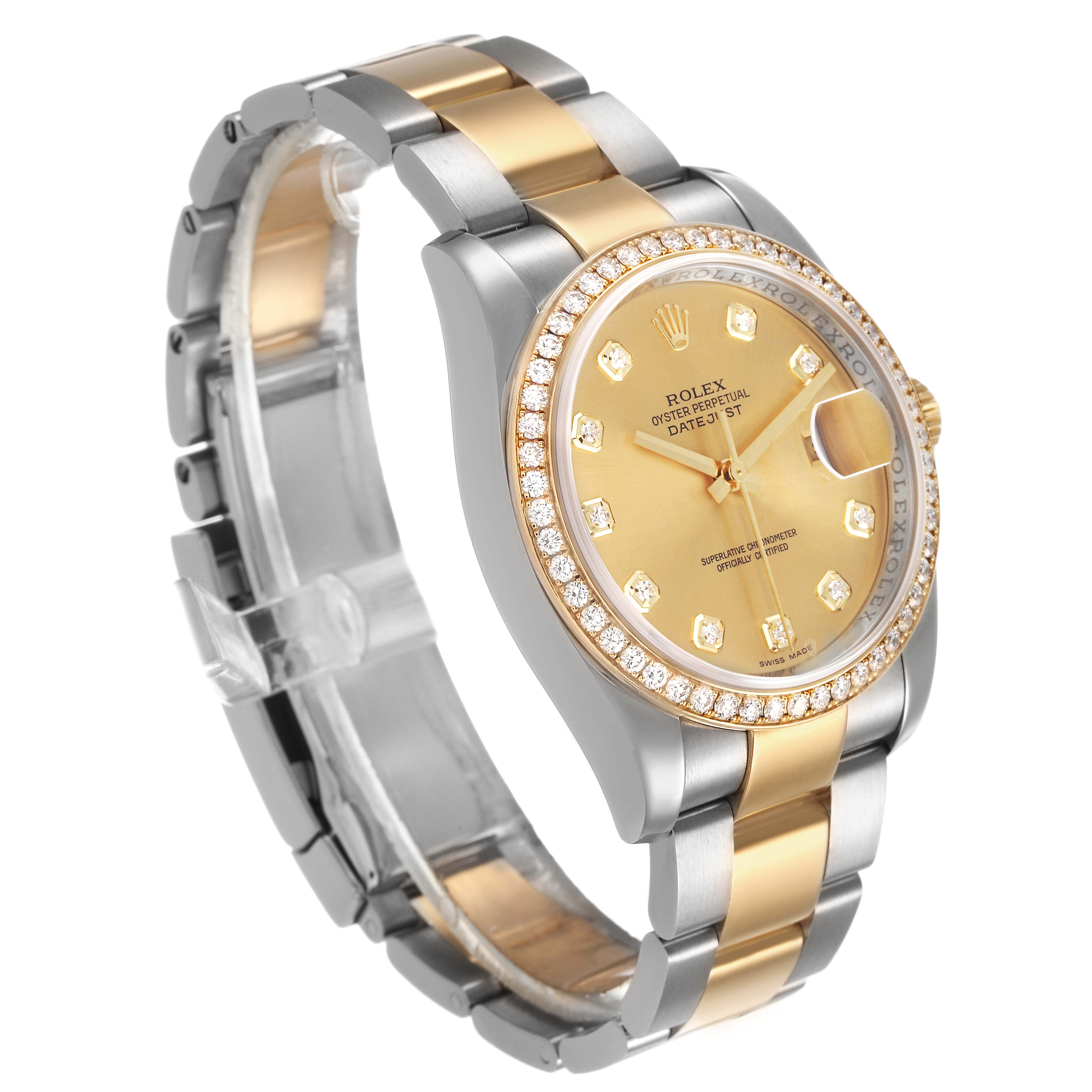 The image shows a Rolex Datejust 116243 Men's Steel and Gold (two tone) Champagne Dial watch at a three-quarter angle, highlighting its gold dial, diamond hour markers, and two-tone bracelet.