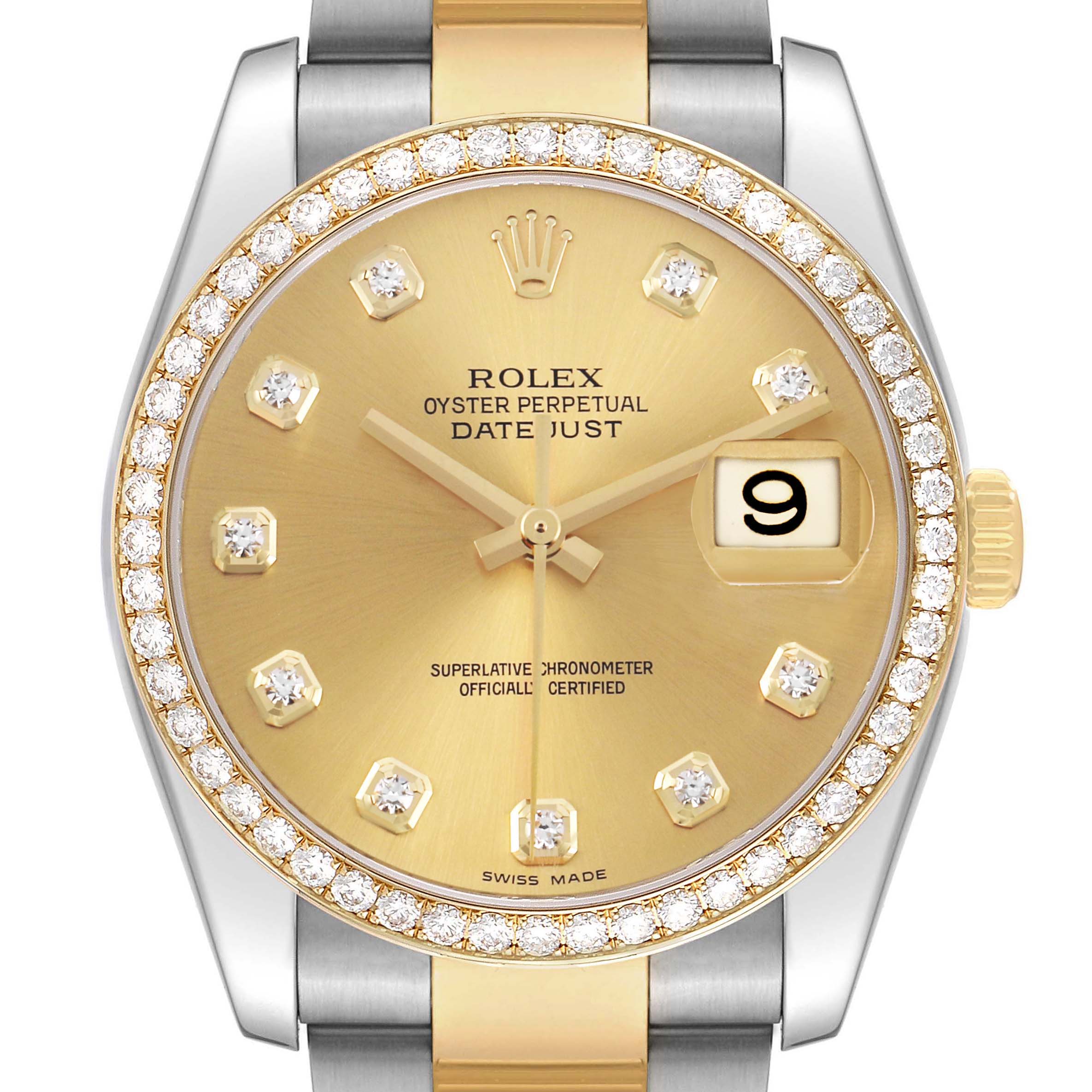 The Rolex Datejust 116243 Men's Steel and Gold (two tone) Champagne Dial watch is shown from the front, highlighting its gold dial, diamond hour markers, and two-tone bracelet.