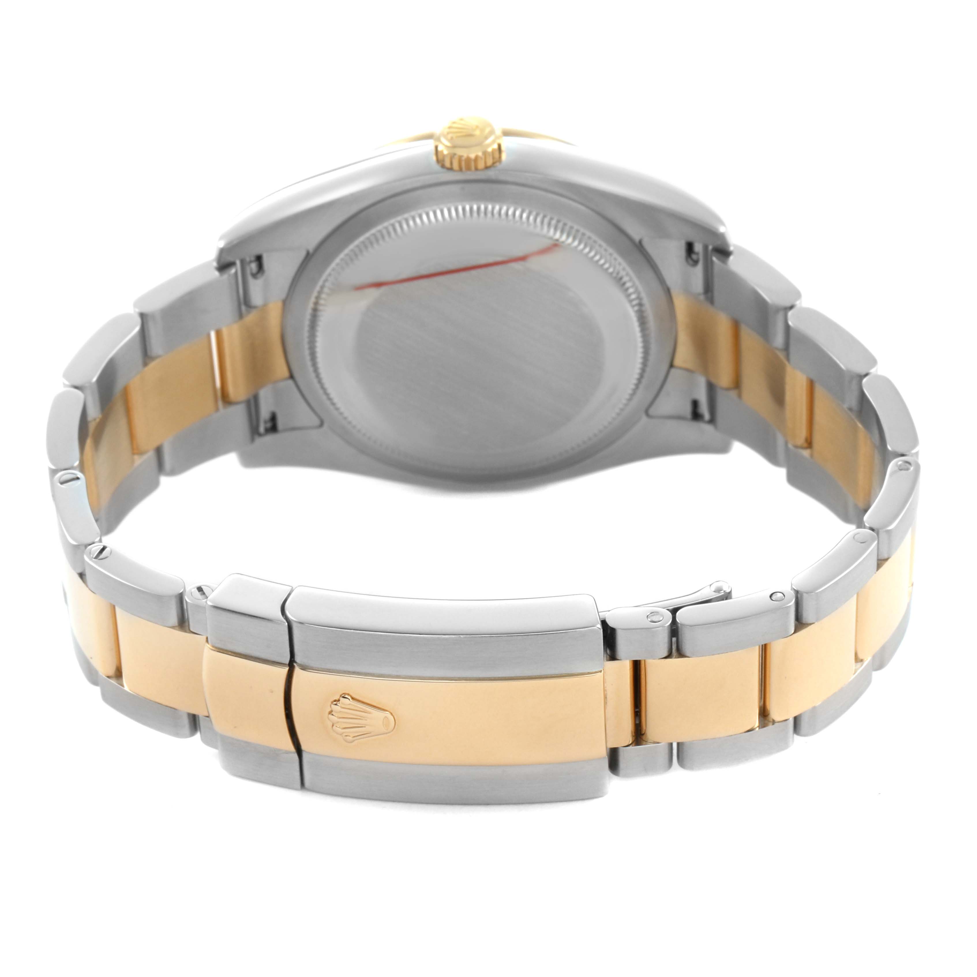 The image shows the back side of a Rolex Datejust 116243 Men's Steel and Gold (two tone) Champagne Dial, featuring the clasp, bracelet, and case back at an angle.