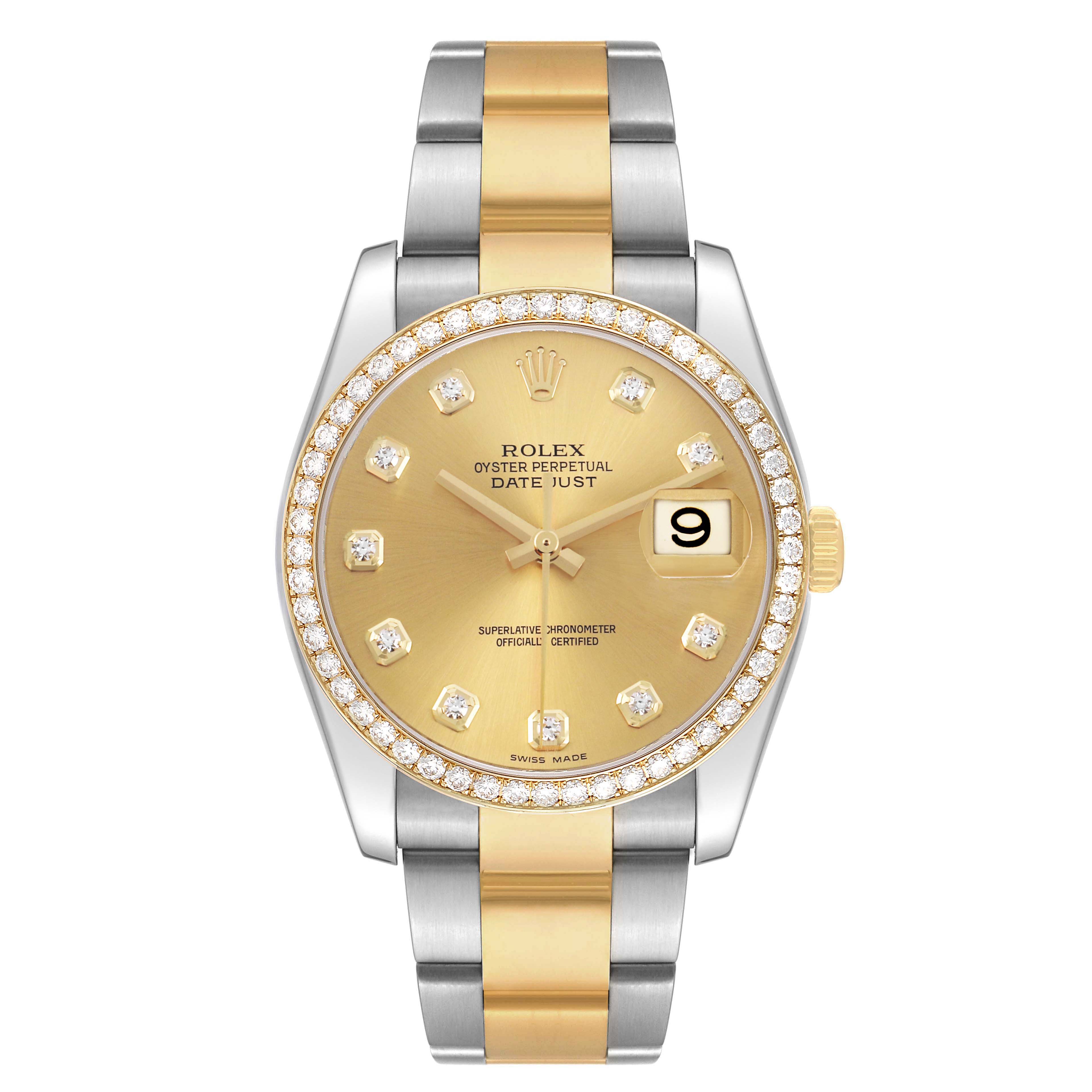 The image shows a frontal view of a Rolex Datejust 116243 Men's Steel and Gold (two tone) Champagne Dial watch, highlighting its gold and silver bracelet, diamond bezel, and date window.