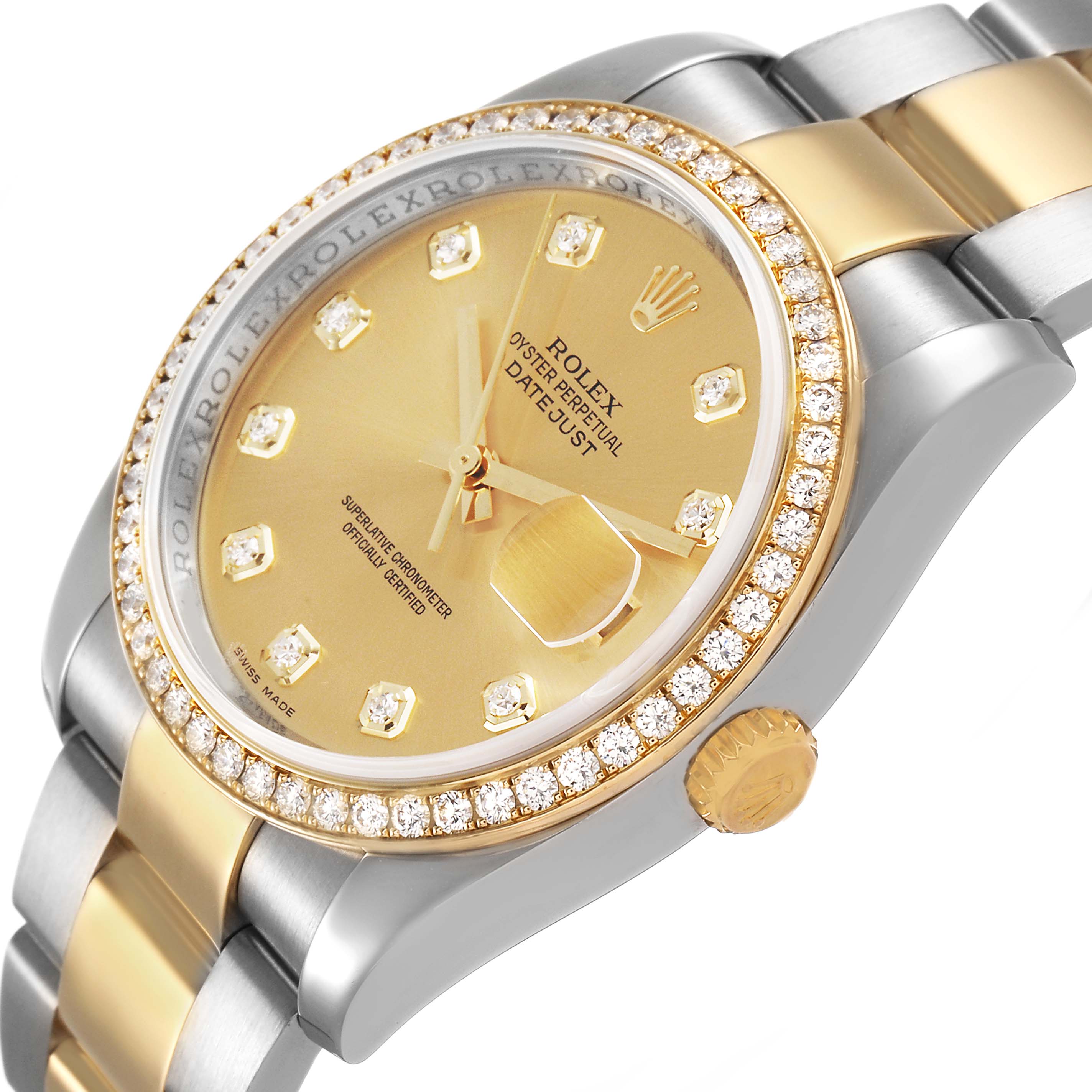 The Rolex Datejust 116243 Men's Steel and Gold (two tone) Champagne Dial watch is shown at an angle featuring the face, bezel, crown, and partial bracelet.