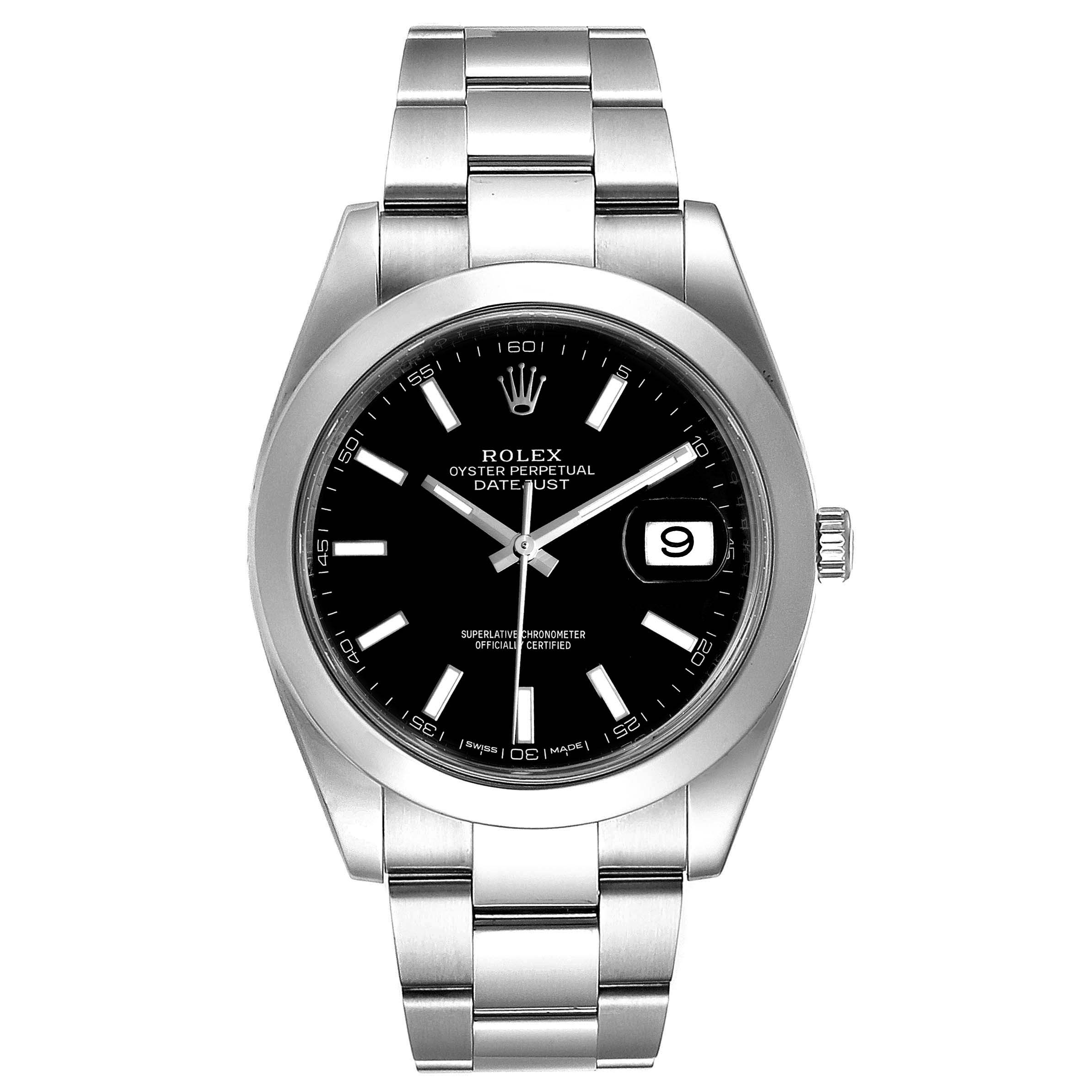 This image shows a Rolex Datejust 41 126300 Men
s Stainless Steel Black Dial 126300 Men
s Stainless Steel Black Dial watch from a front angle displaying its face, dial, bezel, and bracelet.