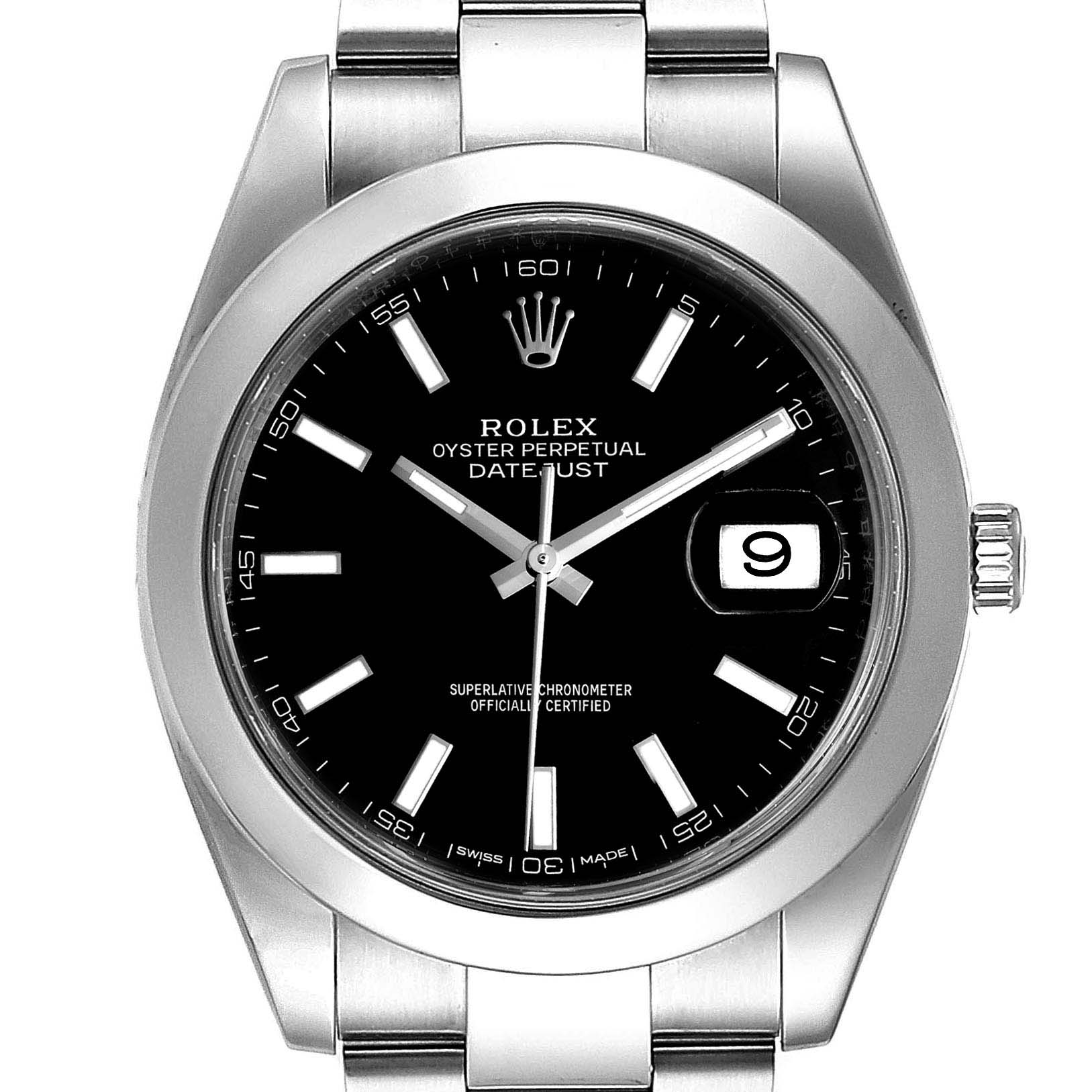 The image shows a close-up front view of the Rolex Datejust 41 126300 Men
s Stainless Steel Black Dial 126300 Men
s Stainless Steel Black Dial watch, displaying the dial, hands, date window, and bracelet.