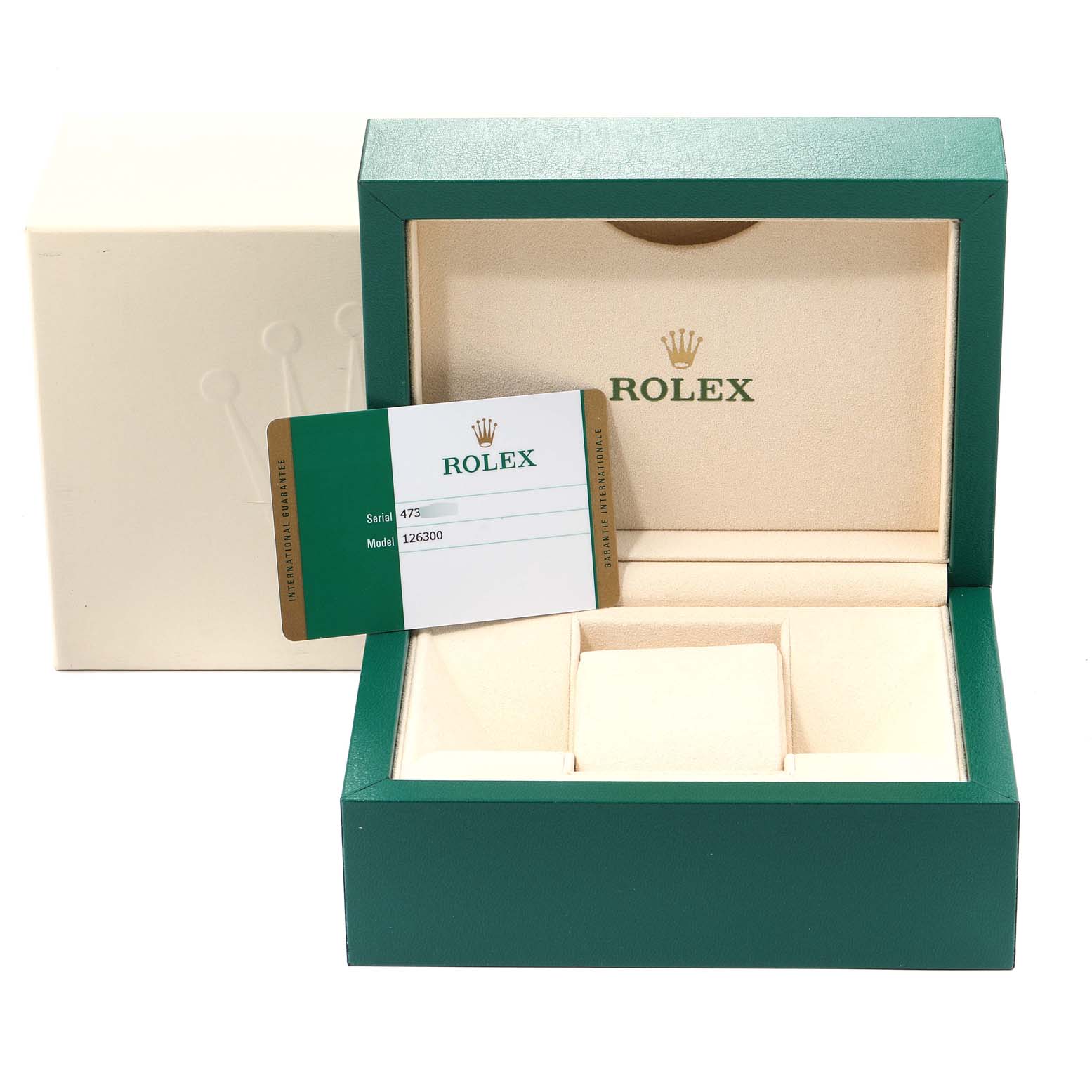 The image shows an open Rolex watch box for the Datejust 41 model with warranty card and outer box visible.