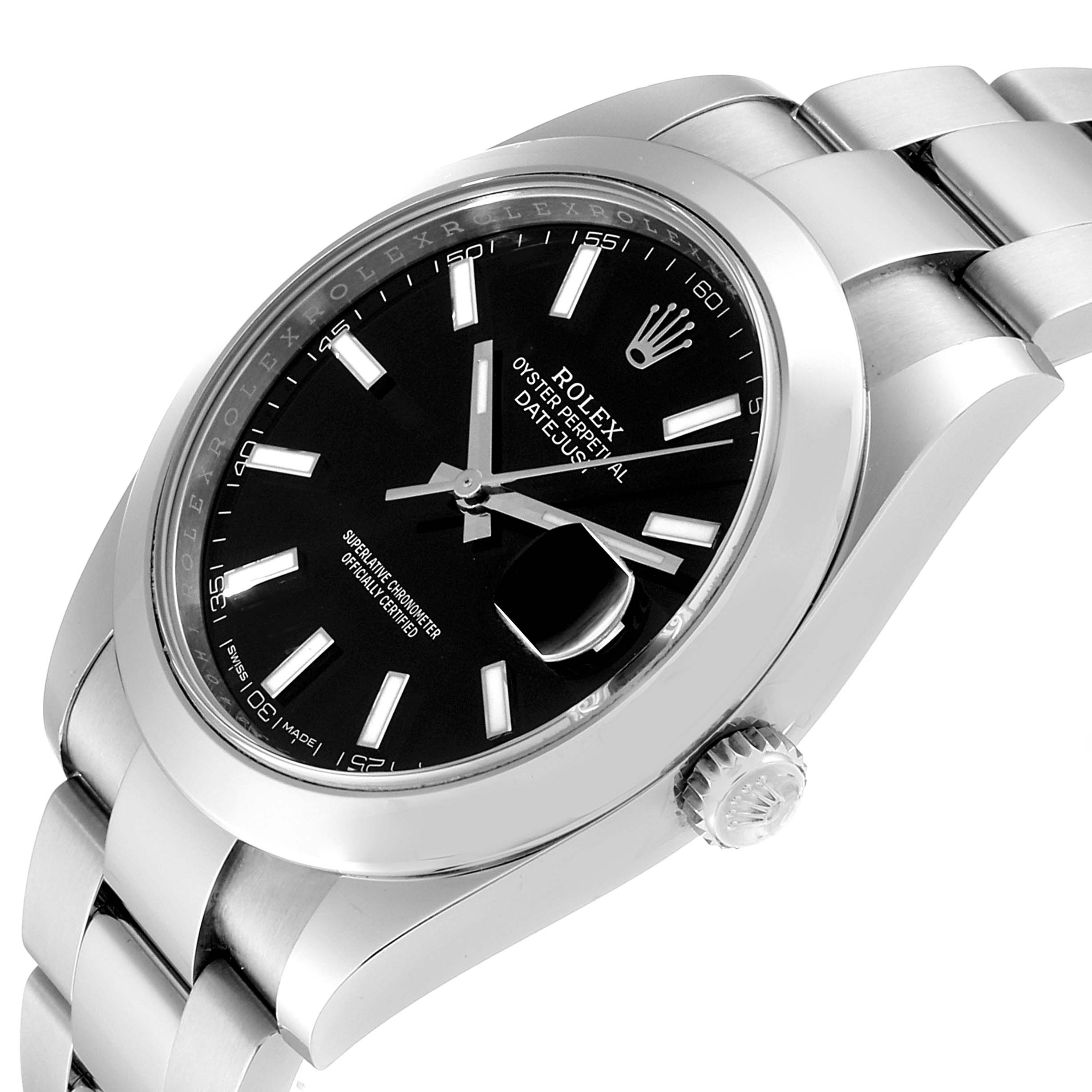 The Rolex Datejust 41 126300 Men
s Stainless Steel Black Dial 126300 Men
s Stainless Steel Black Dial watch is shown at a slight angled view highlighting the dial, bezel, bracelet, and crown.