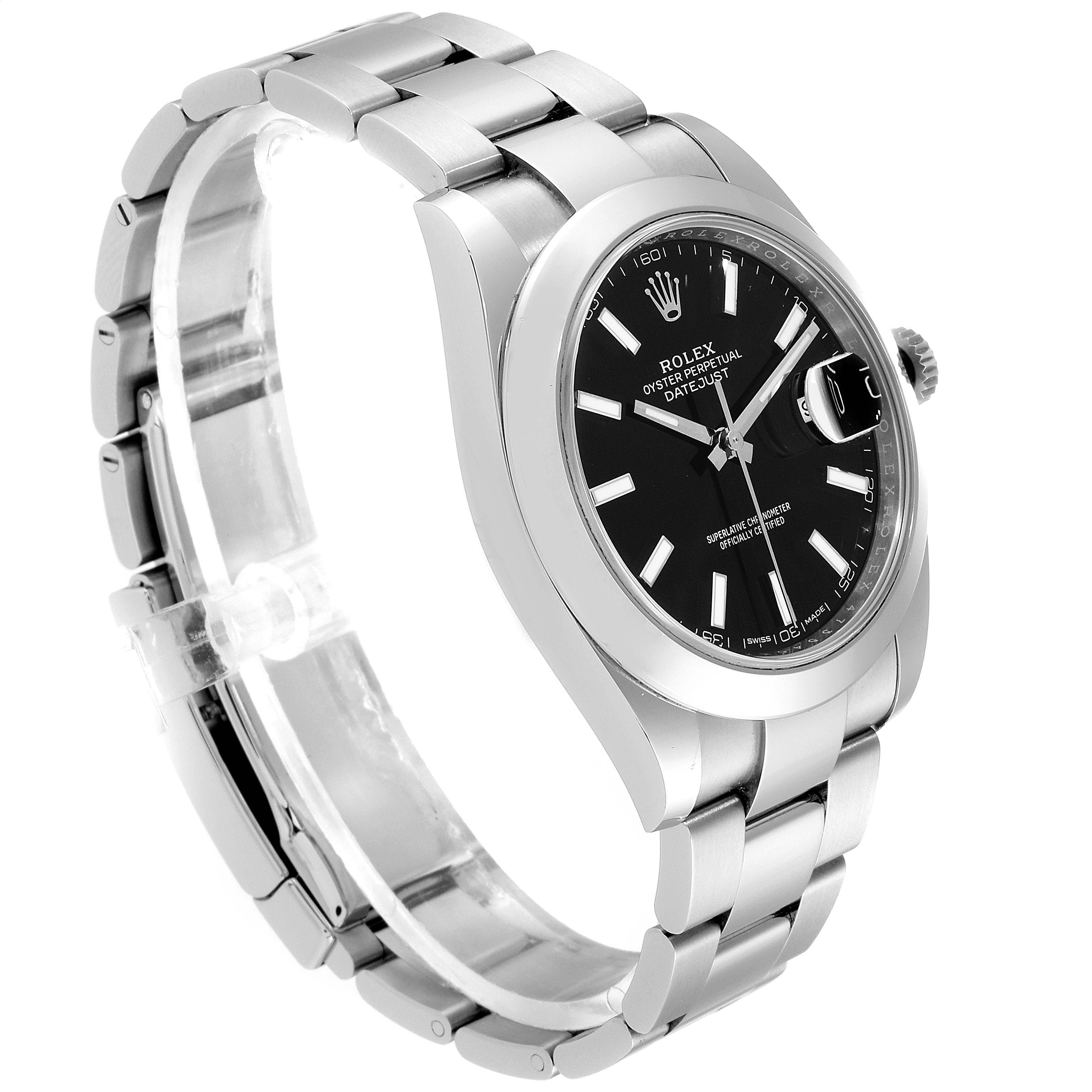 The Rolex Datejust 41 126300 Men
s Stainless Steel Black Dial 126300 Men
s Stainless Steel Black Dial watch is shown at a slight side angle, displaying its black dial, stainless steel bracelet, and date window.