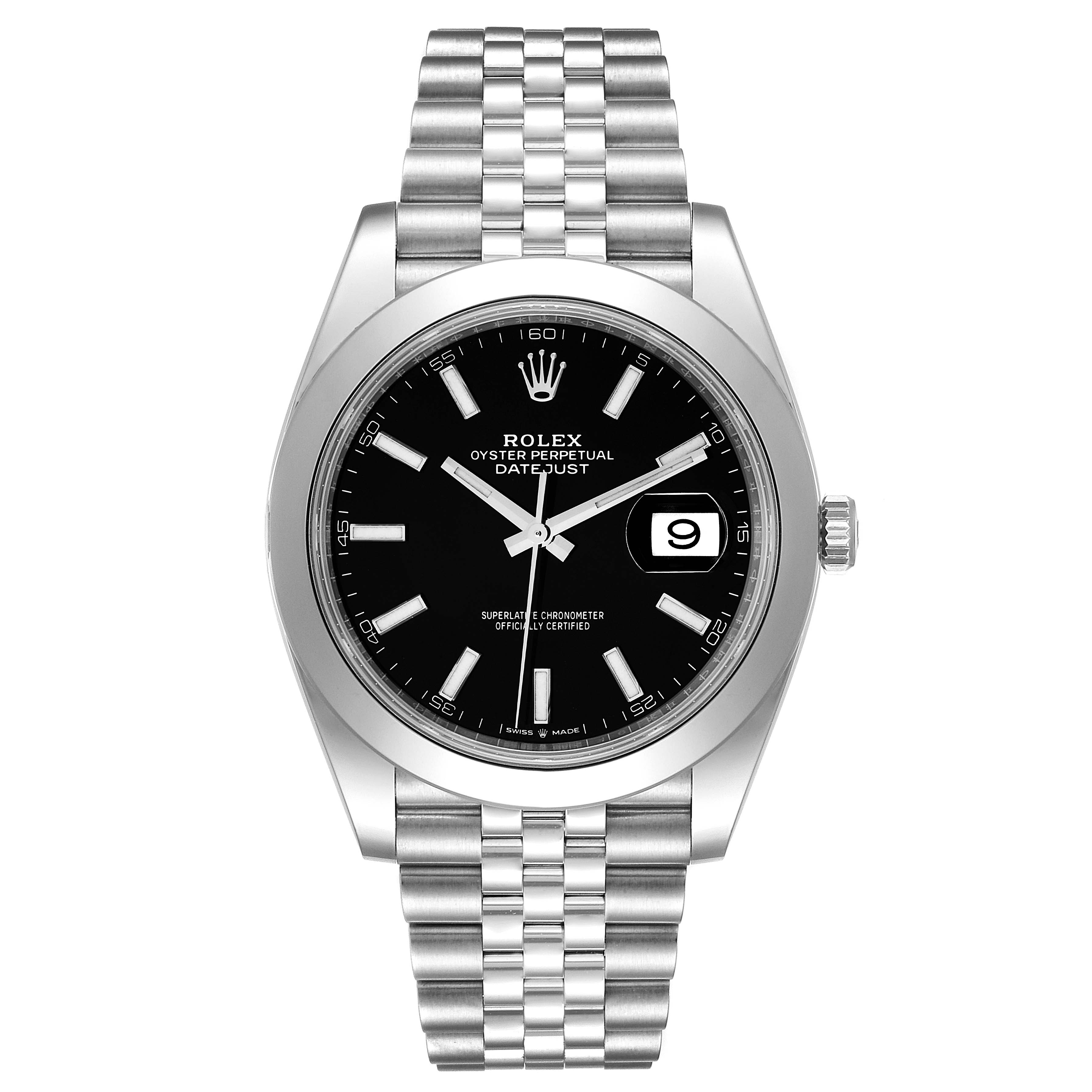 The image shows a front view of the Rolex Datejust 41 126300 Men
s Stainless Steel Black Dial 126300 Men
s Stainless Steel Black Dial watch, displaying its black dial, date window, and Jubilee bracelet.