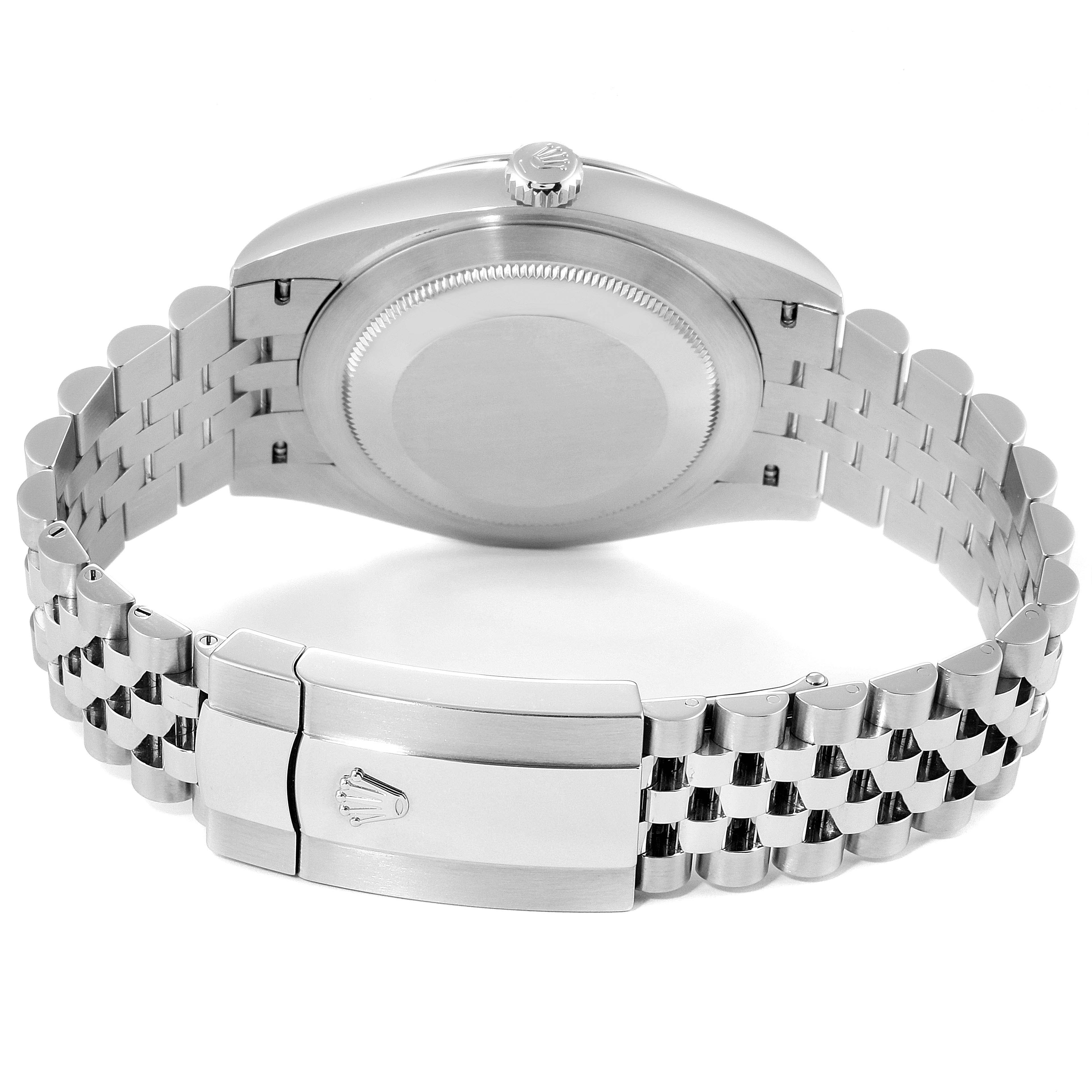 The image shows the back view of the Rolex Datejust 41 126300 Men
s Stainless Steel Black Dial 126300 Men
s Stainless Steel Black Dial watch, focusing on the case back and Jubilee bracelet.