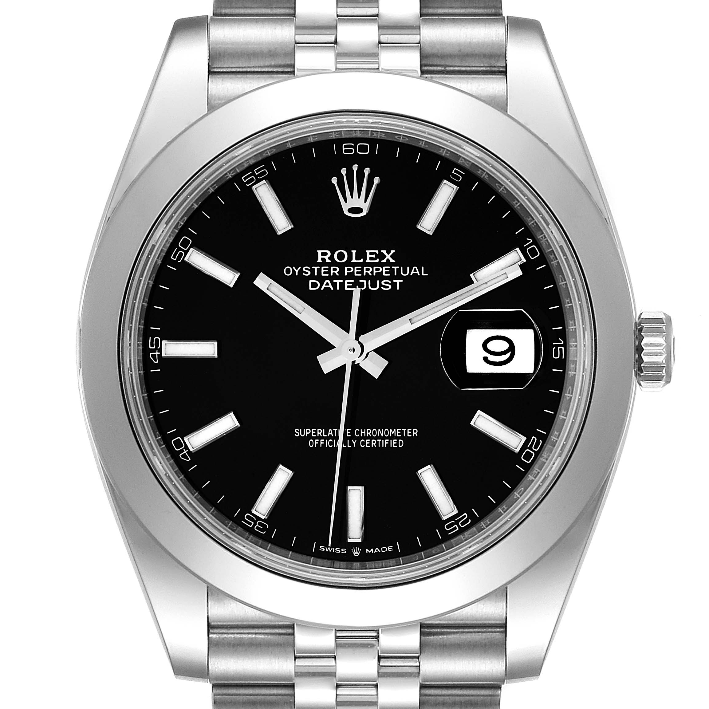 This image shows a front view of the Rolex Datejust 41 126300 Men
s Stainless Steel Black Dial 126300 Men
s Stainless Steel Black Dial watch, highlighting its black dial, date display, and stainless-steel bracelet.
