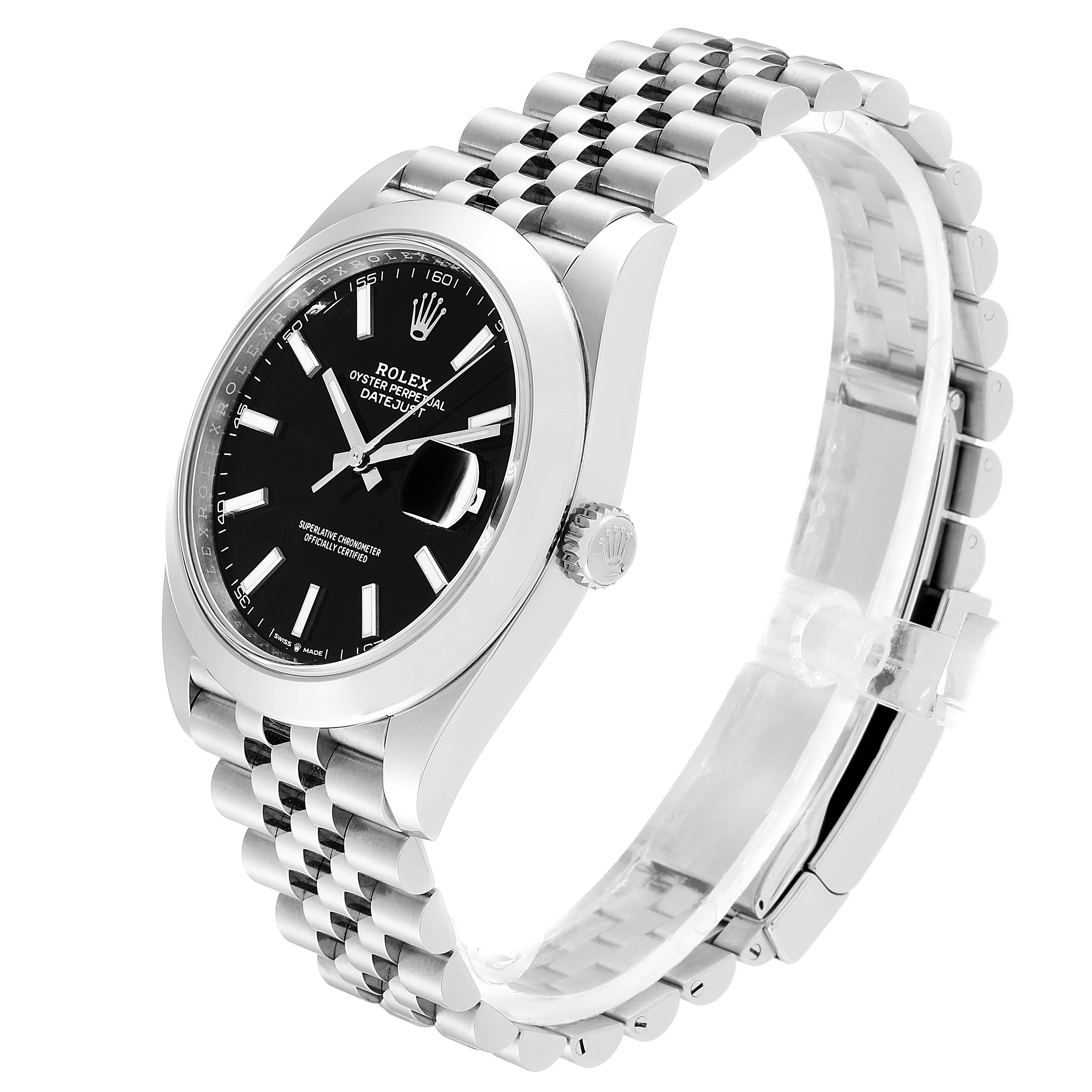 The Rolex Datejust 41 126300 Men
s Stainless Steel Black Dial 126300 Men
s Stainless Steel Black Dial watch is shown at a three-quarter angle, highlighting its black dial and jubilee bracelet.