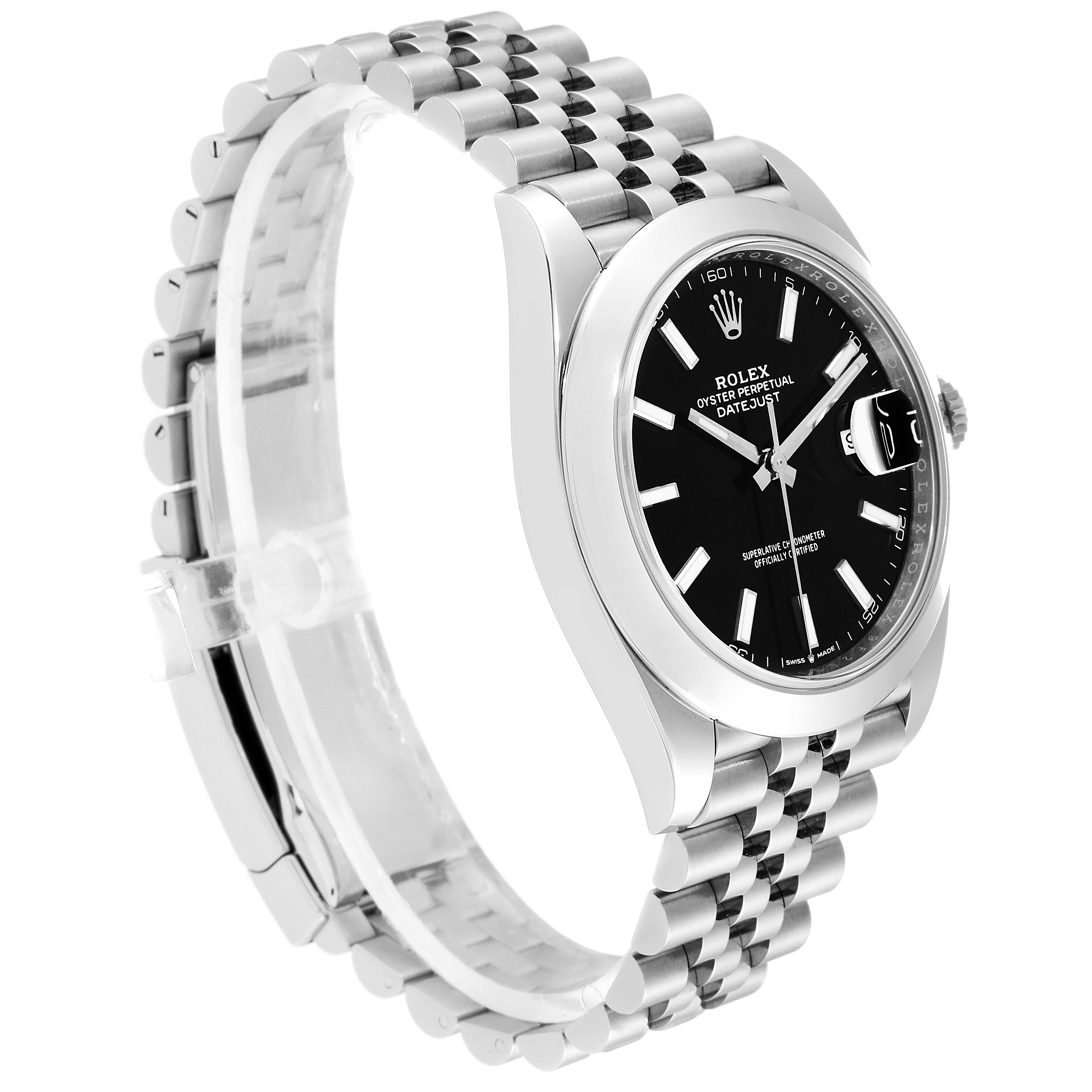 The image shows a Rolex Datejust 41 126300 Men
s Stainless Steel Black Dial 126300 Men
s Stainless Steel Black Dial model watch from a side angle, highlighting its case, bezel, dial, and jubilee bracelet.