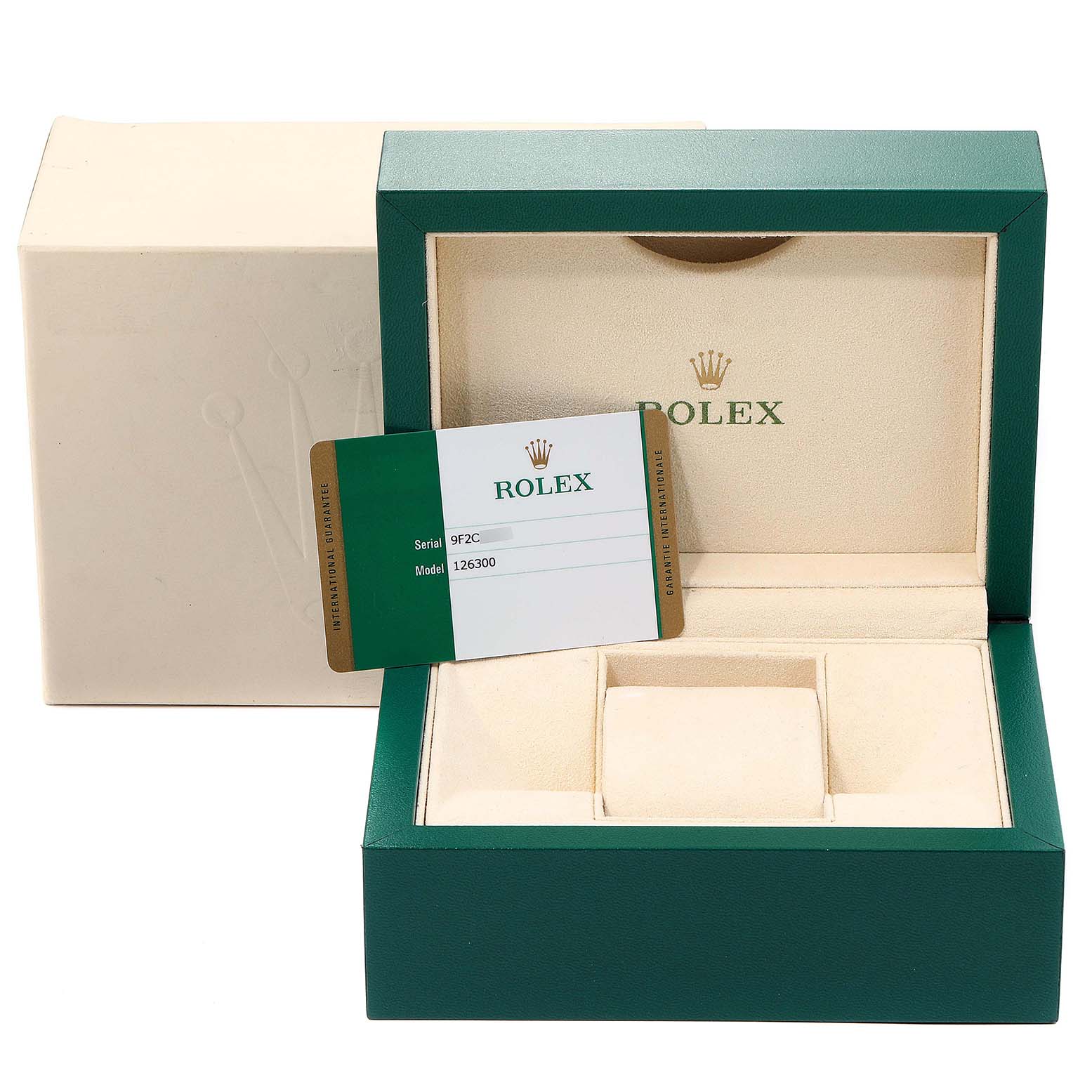 The image shows a Rolex Datejust 41 126300 Men
s Stainless Steel Black Dial 126300 Men
s Stainless Steel Black Dial watch box, an Best Quality
ity card, and a cushion, all viewed from the front.