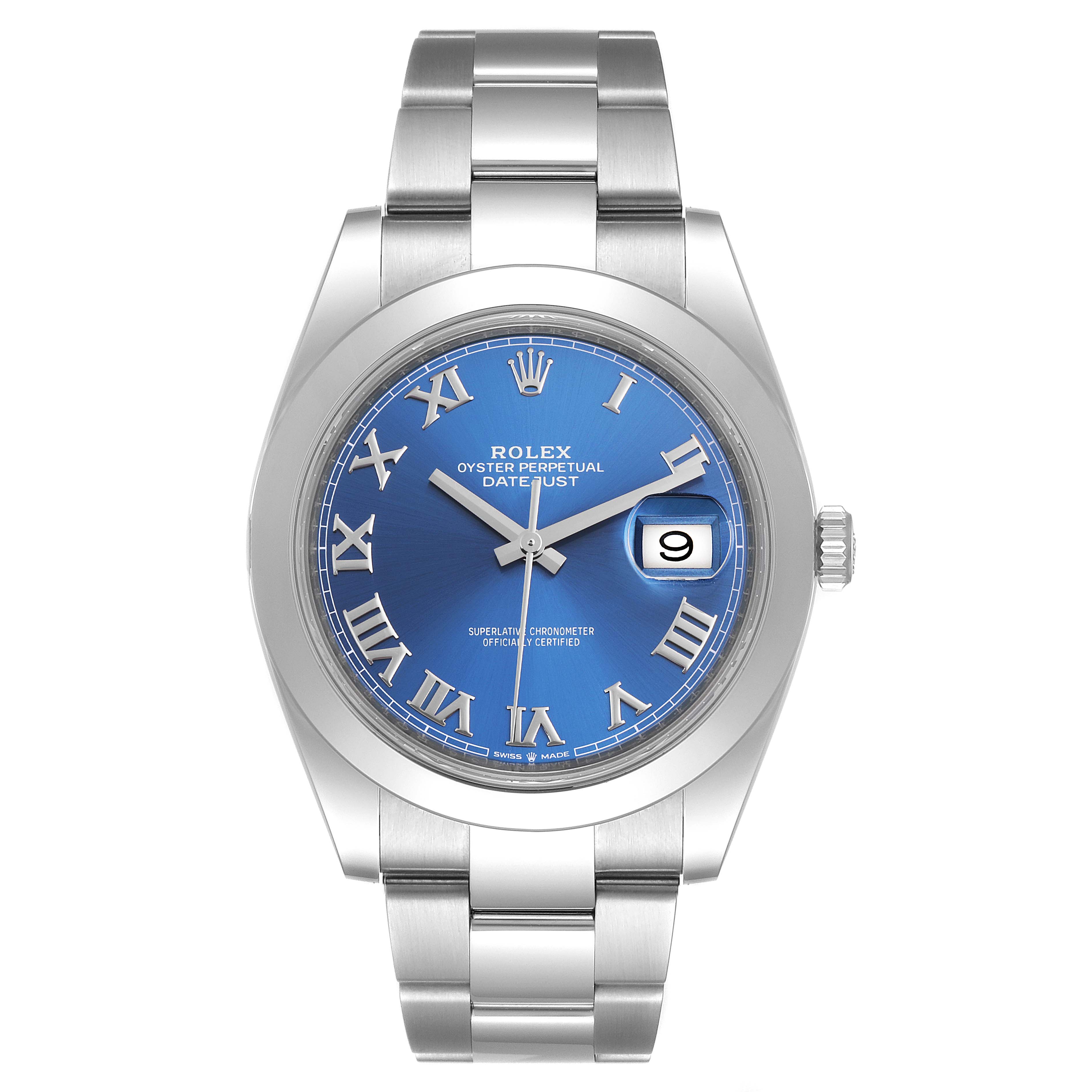 The Rolex Datejust 41 126300 Men
s Stainless Steel Blue Dial 126300 Men
s Stainless Steel Blue Dial watch is shown from a top-down view, displaying its blue dial, Roman numerals, date window, and stainless steel bracelet.
