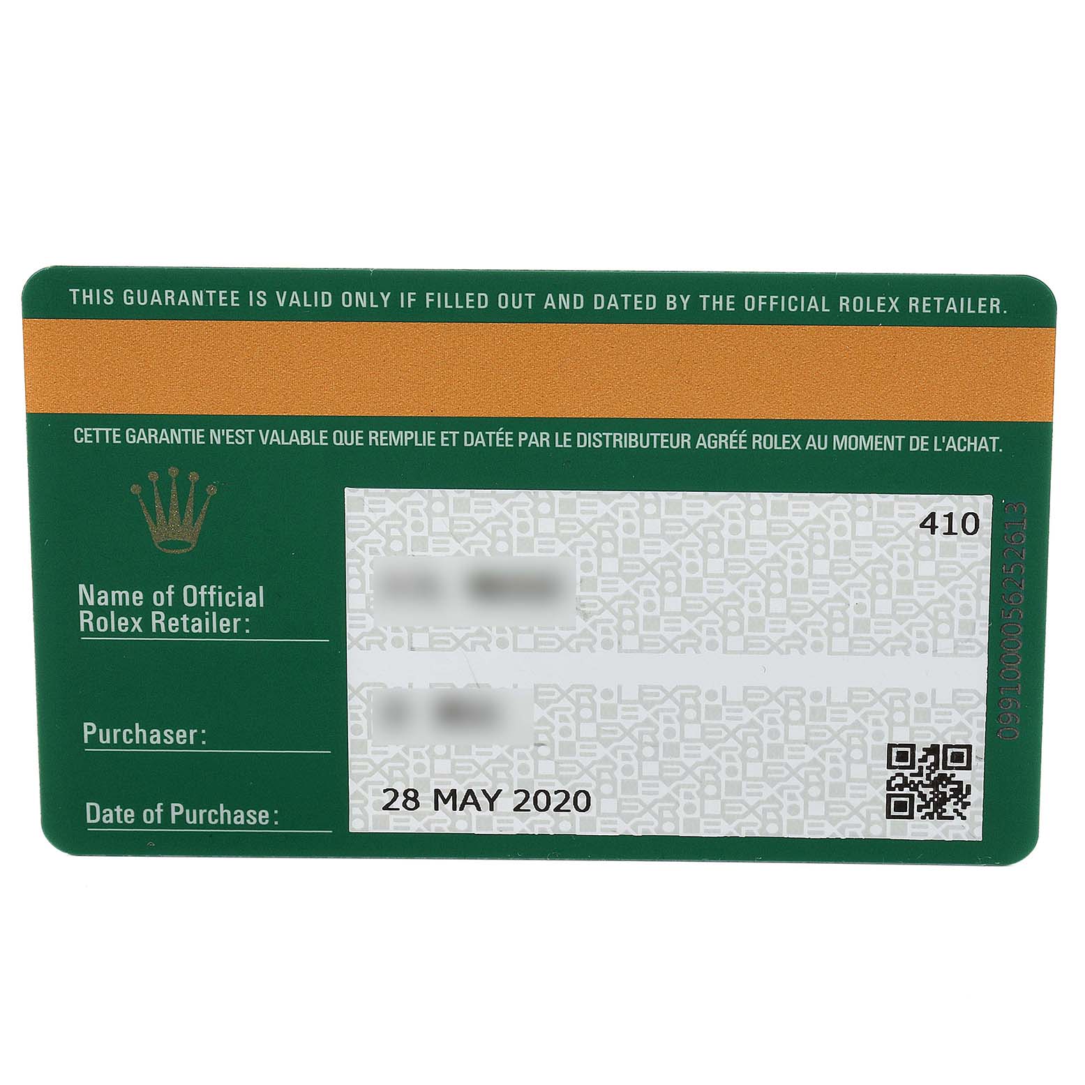 This image shows the guarantee card for the Rolex Datejust 41 126300 Men
s Stainless Steel Blue Dial 126300 Men
s Stainless Steel Blue Dial model.