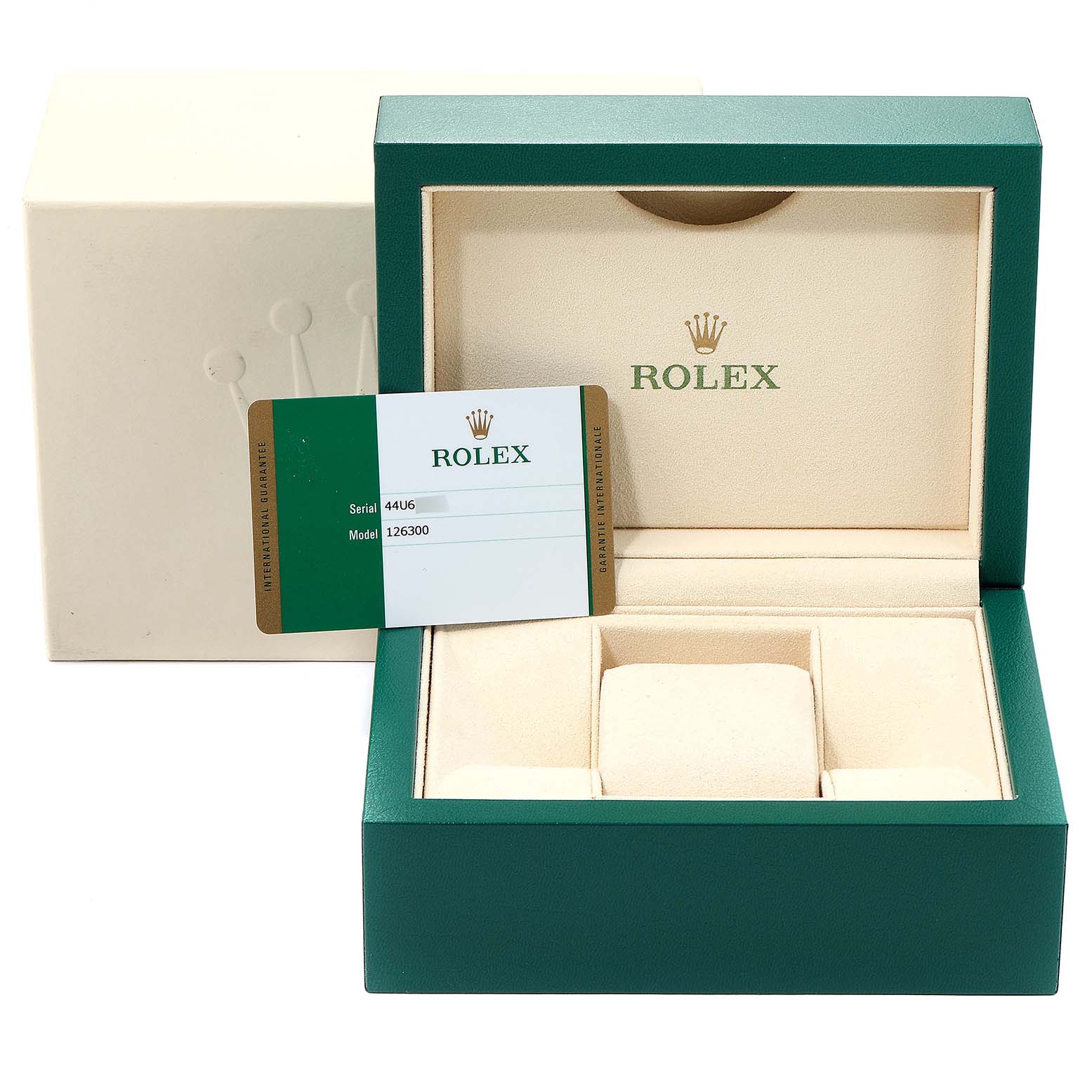 The image shows the open box and warranty card of a Rolex Datejust 41 126300 Men
s Stainless Steel Blue Dial 126300 Men
s Stainless Steel Blue Dial, model 126300.
