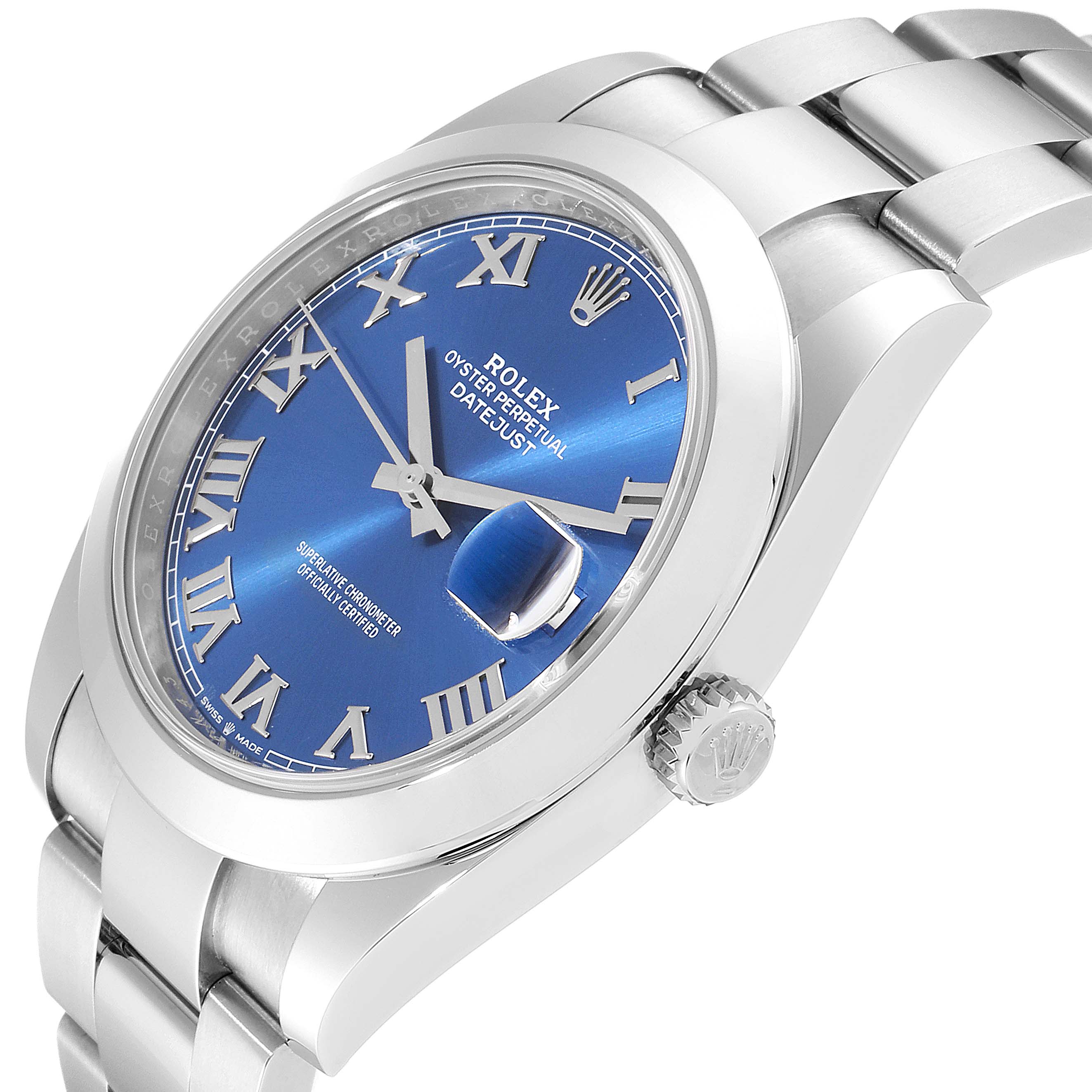 This image shows the Rolex Datejust 41 126300 Men
s Stainless Steel Blue Dial 126300 Men
s Stainless Steel Blue Dial watch at an angled side view, highlighting its blue dial, crown, and bracelet.