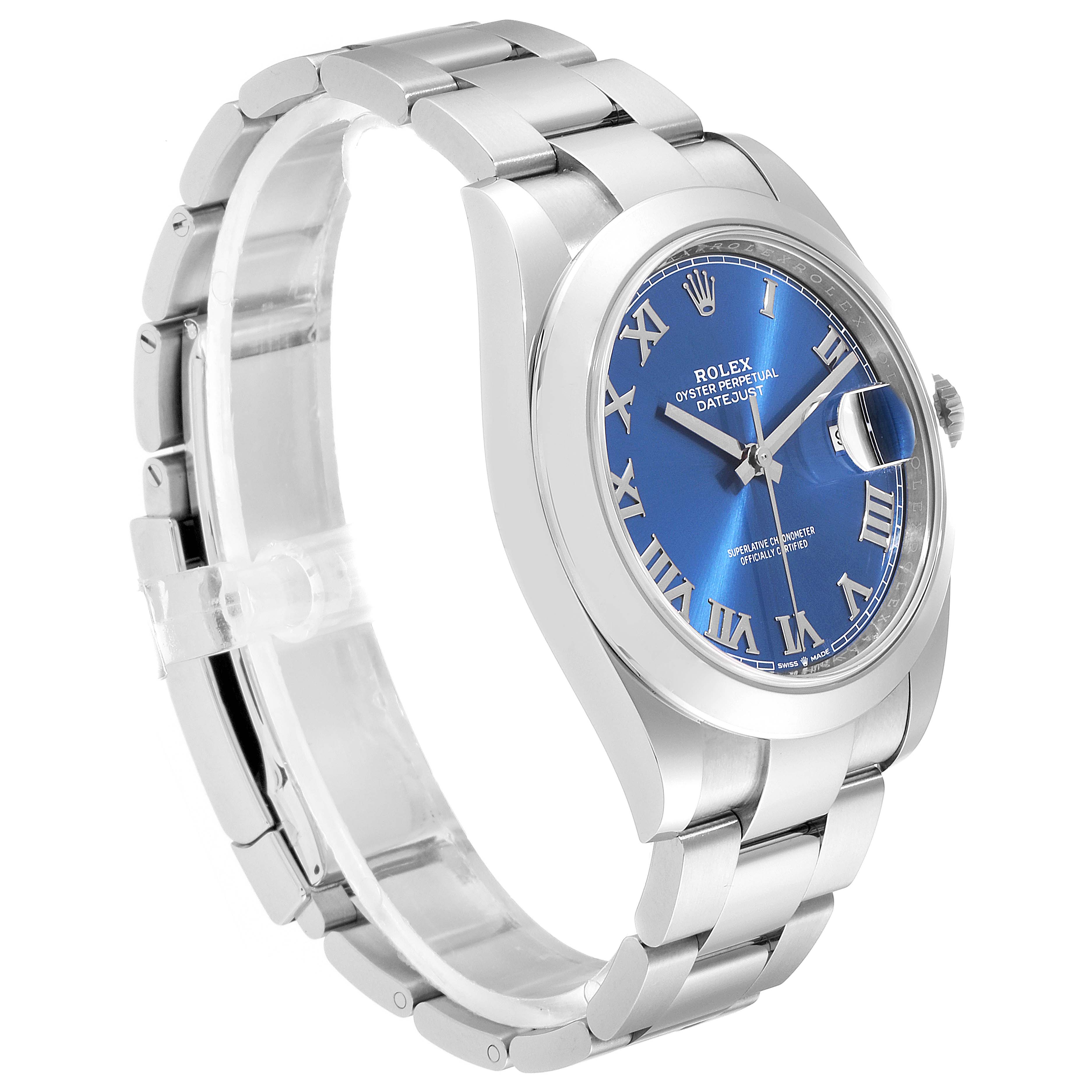 The image shows a side view of the Rolex Datejust 41 126300 Men
s Stainless Steel Blue Dial 126300 Men
s Stainless Steel Blue Dial, highlighting its blue dial, stainless steel case, and bracelet.