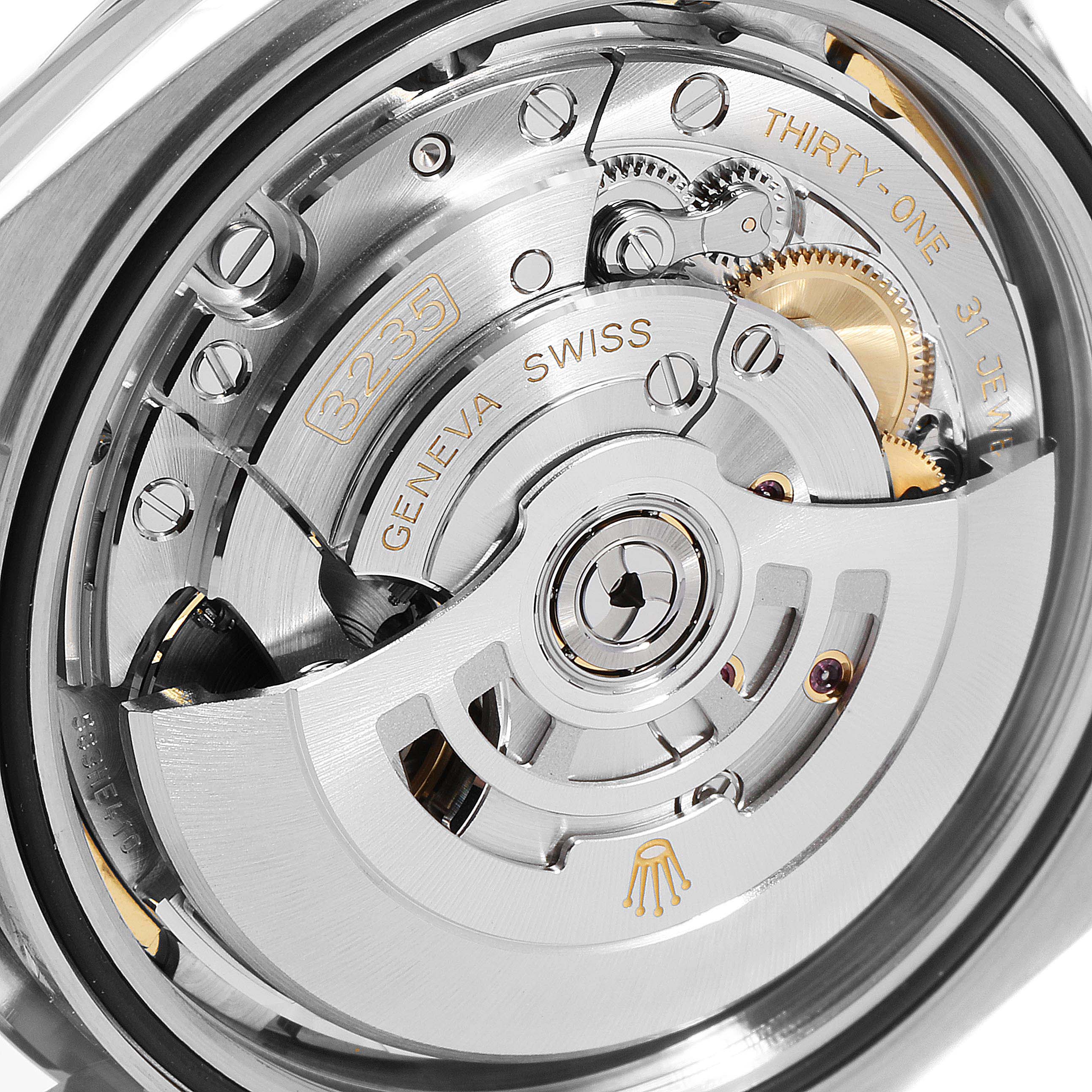 This image shows a detailed view of the Rolex Datejust 41 126300 Men
s Stainless Steel Blue Dial 126300 Men
s Stainless Steel Blue Dial
s movement mechanism from the back.