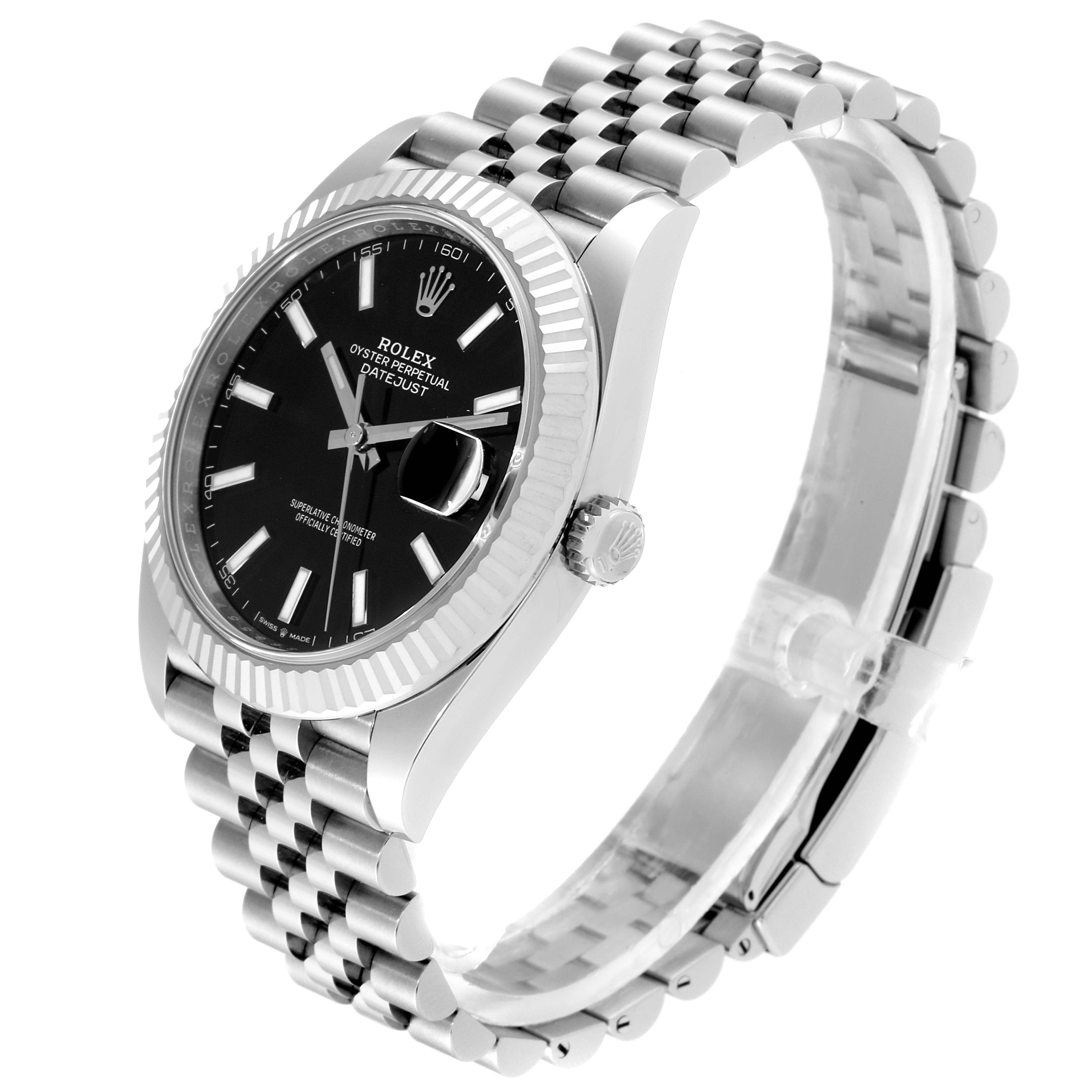This image shows a Rolex Datejust 41 126334 Men
s Stainless Steel Black Dial 126334 Men
s Stainless Steel Black Dial watch from a tilted angle, highlighting its black dial, fluted bezel, and Jubilee bracelet.