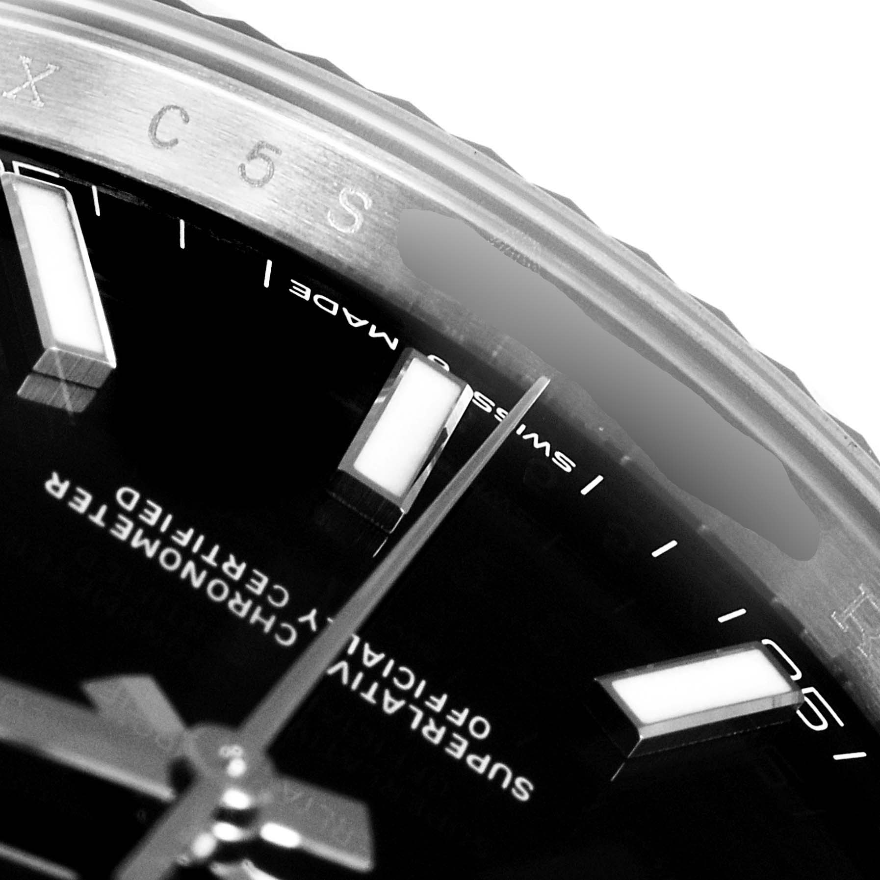 The image shows a close-up angle of the dial and markers of a Rolex Datejust 41 126334 Men
s Stainless Steel Black Dial 126334 Men
s Stainless Steel Black Dial watch.