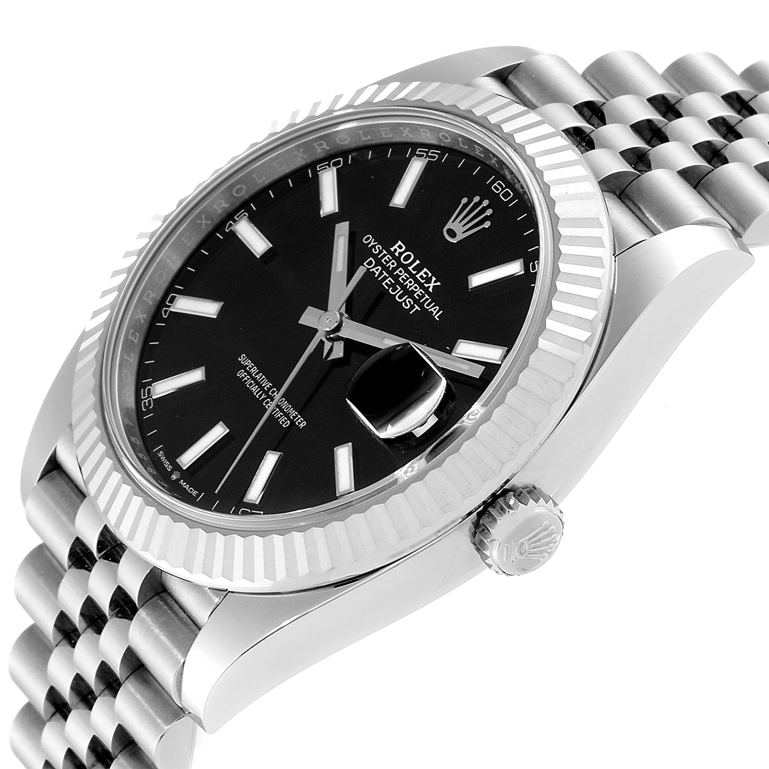 This image shows a side angle view of the Rolex Datejust 41 126334 Men
s Stainless Steel Black Dial 126334 Men
s Stainless Steel Black Dial, featuring its fluted bezel, jubilee bracelet, and cyclops date window.