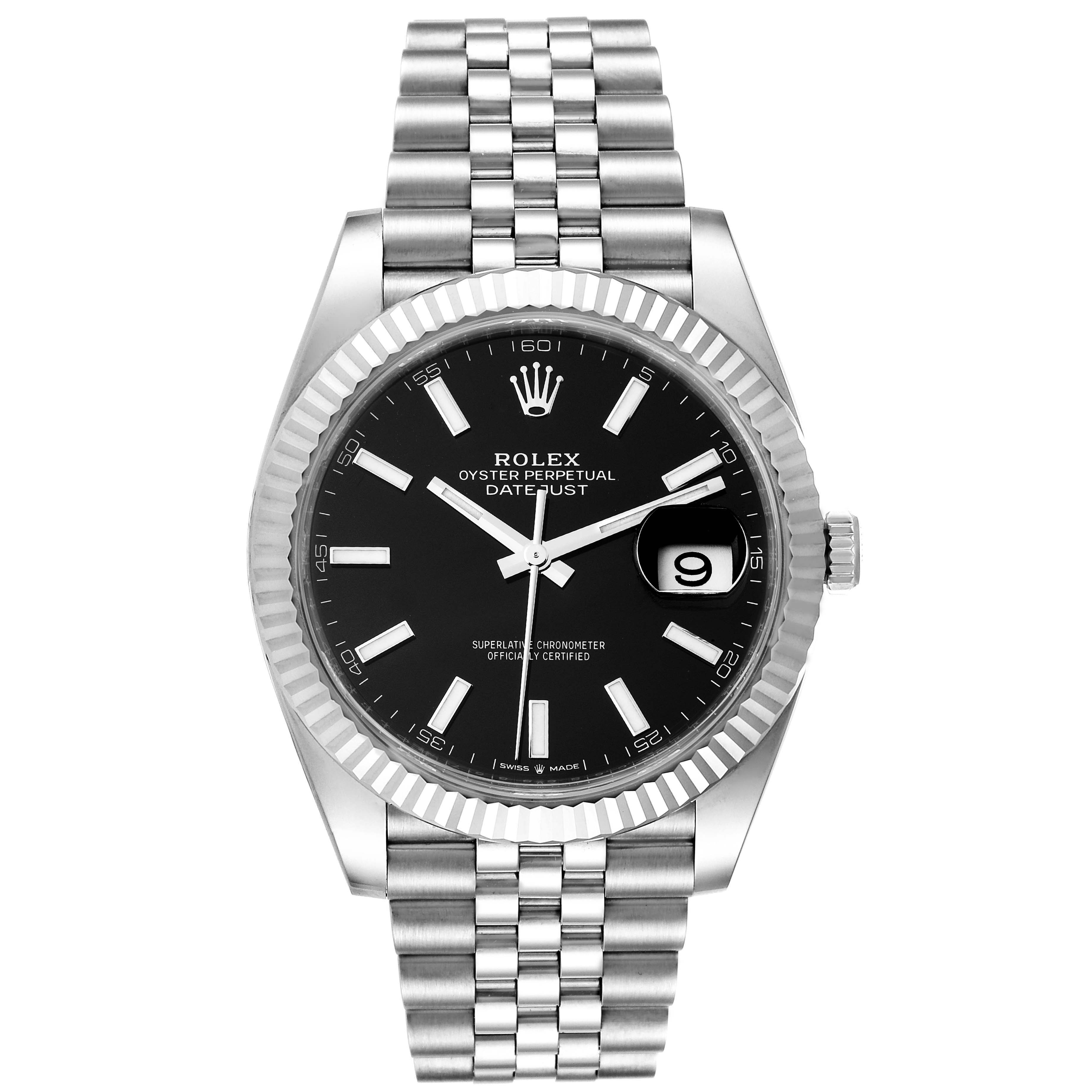 The image shows a front view of a Rolex Datejust 41 126334 Men
s Stainless Steel Black Dial 126334 Men
s Stainless Steel Black Dial watch, displaying its black dial, Jubilee bracelet, and fluted bezel.