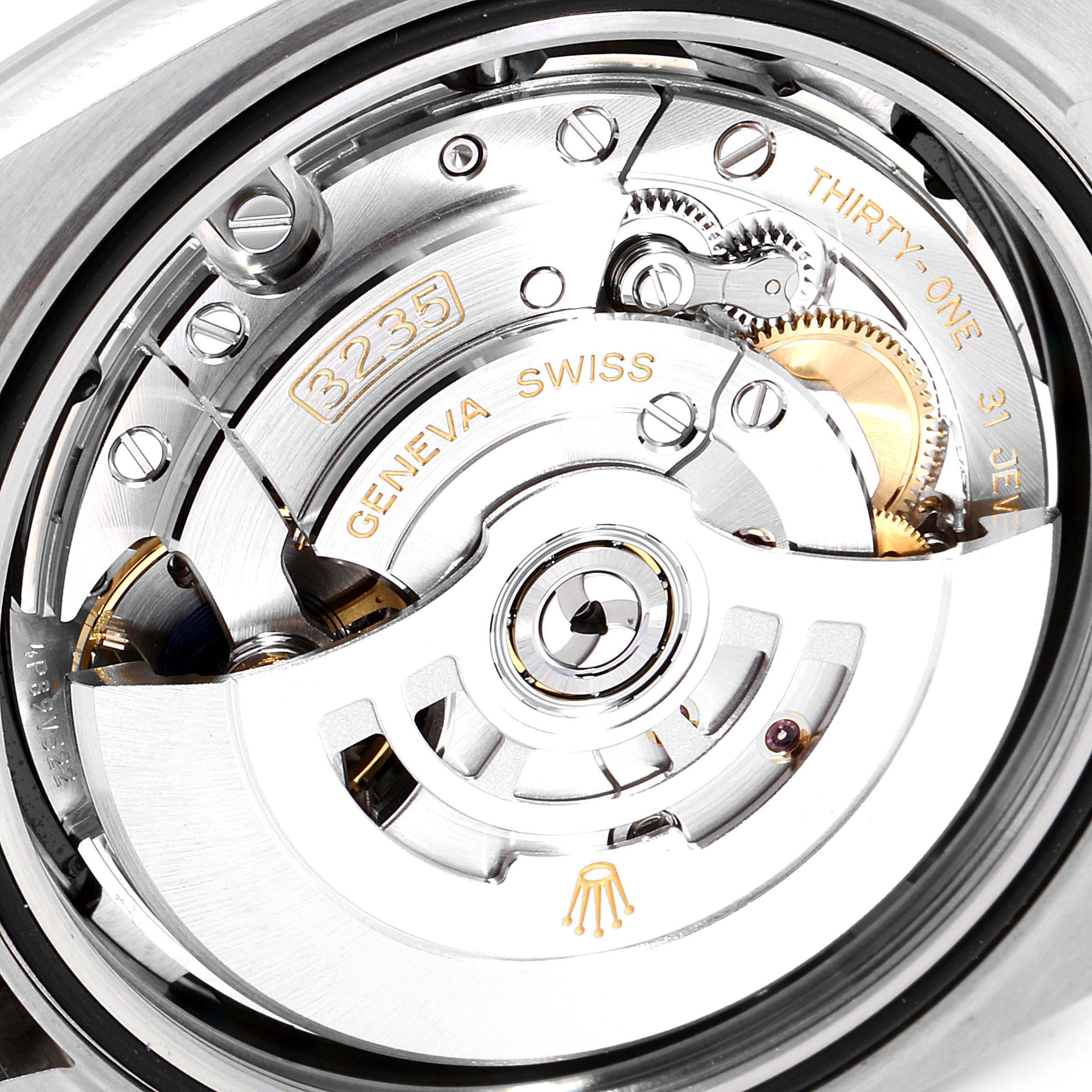 The image shows a close-up view of the Rolex Datejust 41 126334 Men
s Stainless Steel Black Dial 126334 Men
s Stainless Steel Black Dial
s movement, featuring the intricate details of its components.