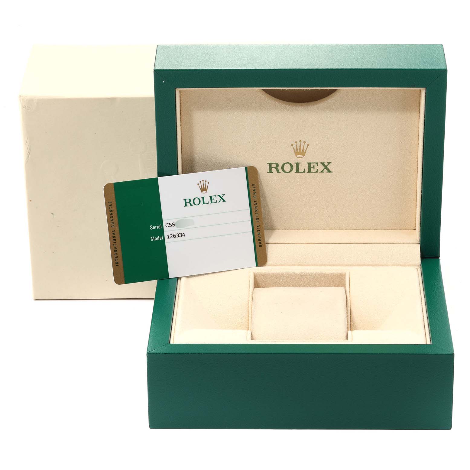 This image shows the case, warranty card, and outer box for the Rolex Datejust 41 126334 Men
s Stainless Steel Black Dial 126334 Men
s Stainless Steel Black Dial model.