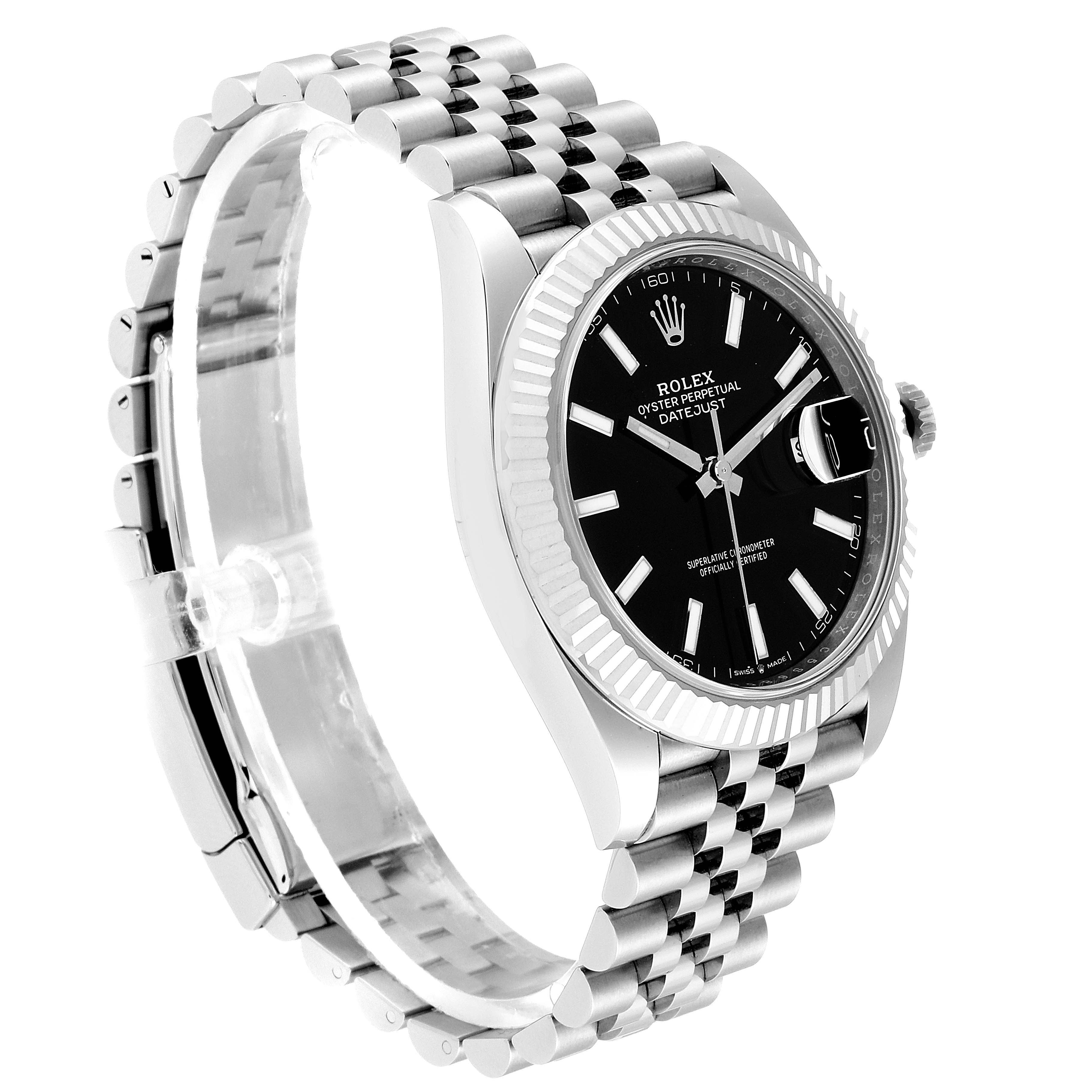 The Rolex Datejust 41 126334 Men
s Stainless Steel Black Dial 126334 Men
s Stainless Steel Black Dial watch is shown at an angle displaying the face, bezel, crown, and part of the bracelet.